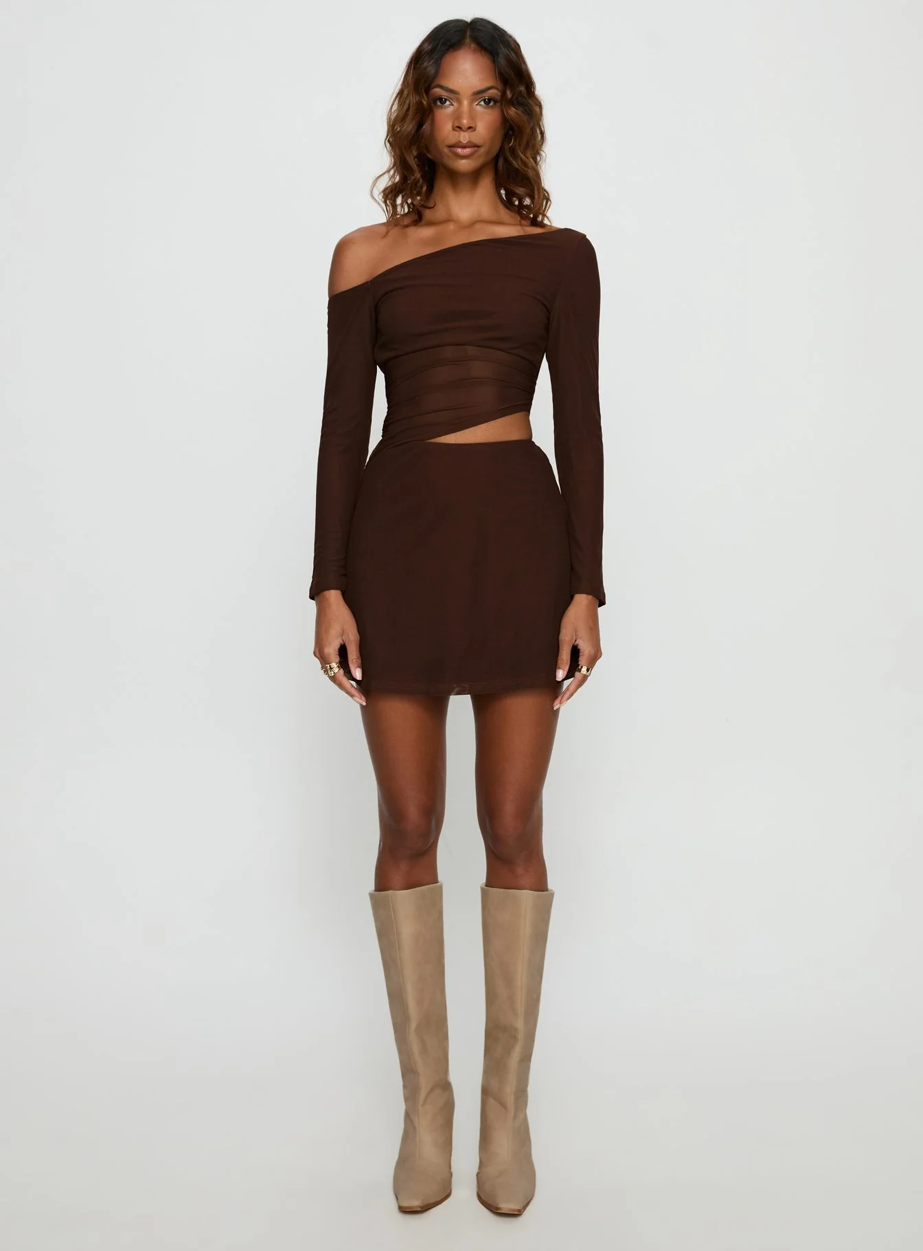 Fade To Black Off Shoulder Long Sleeve Mini Dress Chocolate - TREBLEV