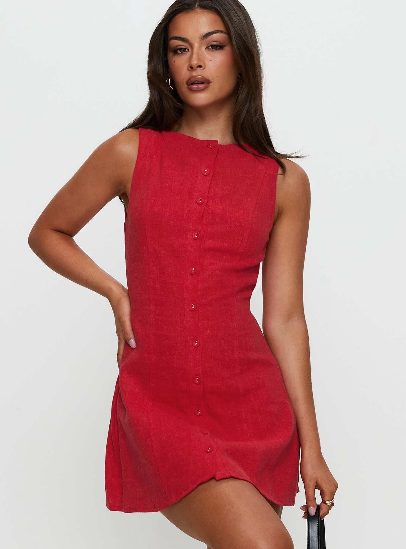Dollie Linen Mini Dress Red - TREBLEV