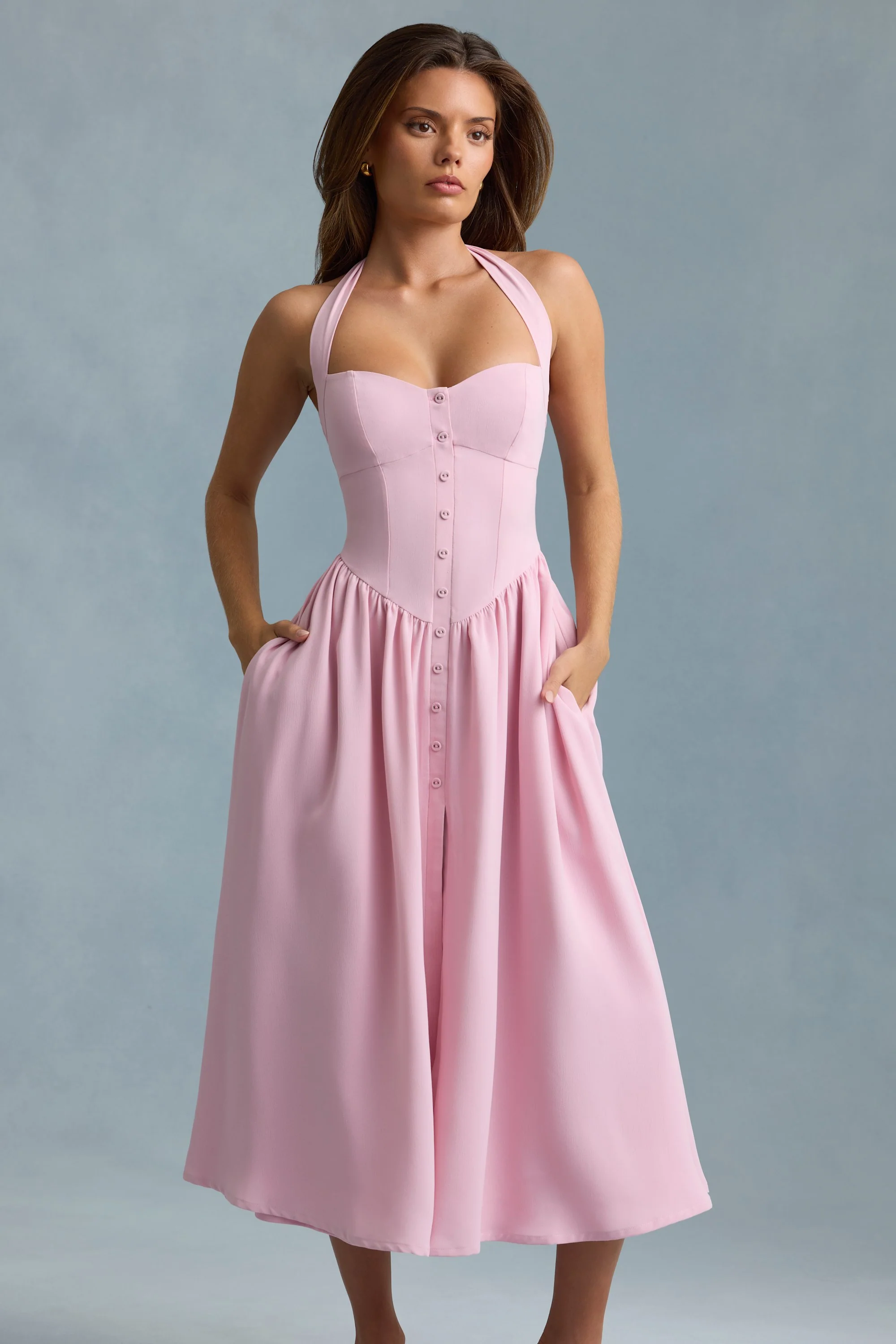 Button-Detail Halterneck Midaxi Dress in Soft Pink - TREBLEV