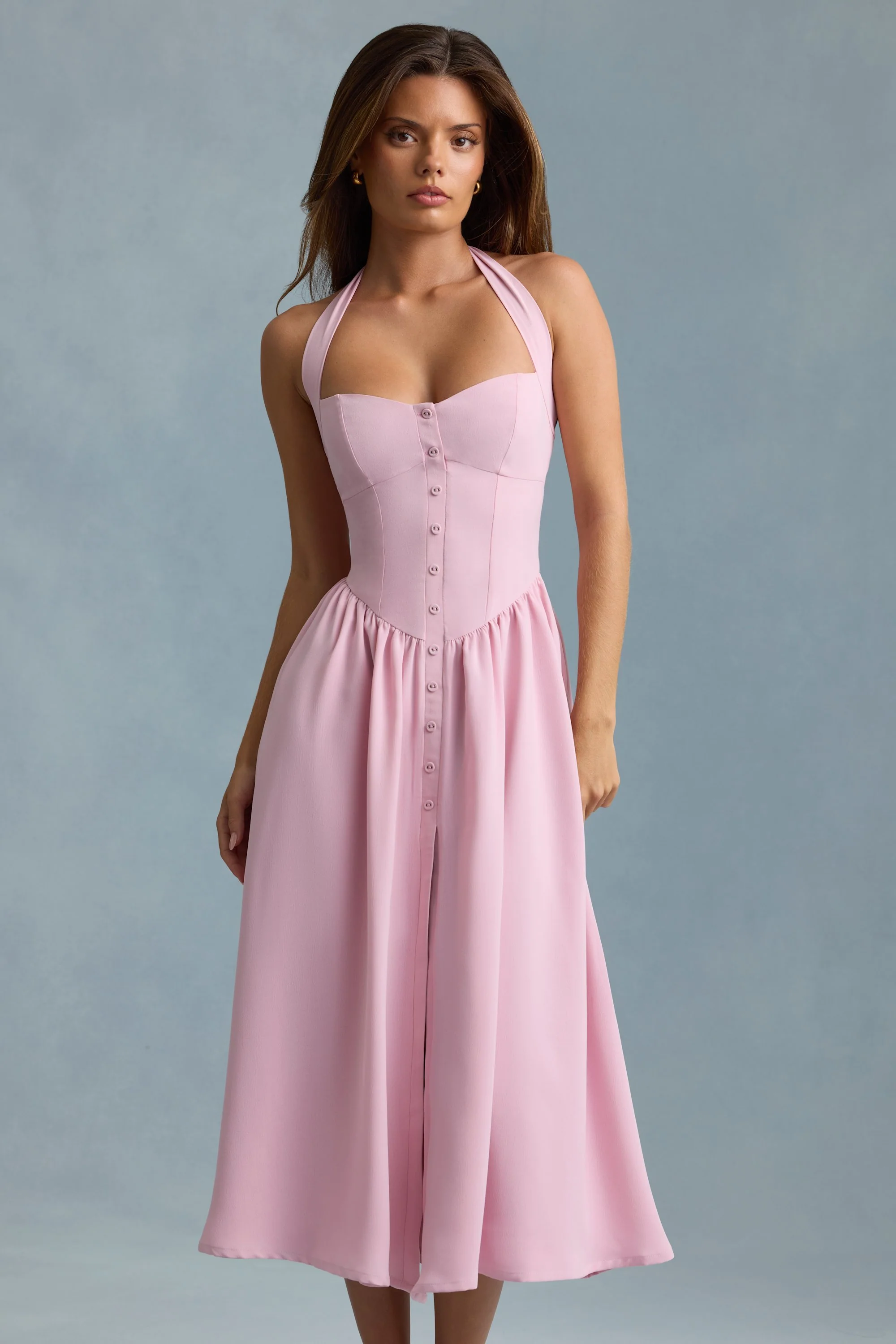 Button-Detail Halterneck Midaxi Dress in Soft Pink - TREBLEV