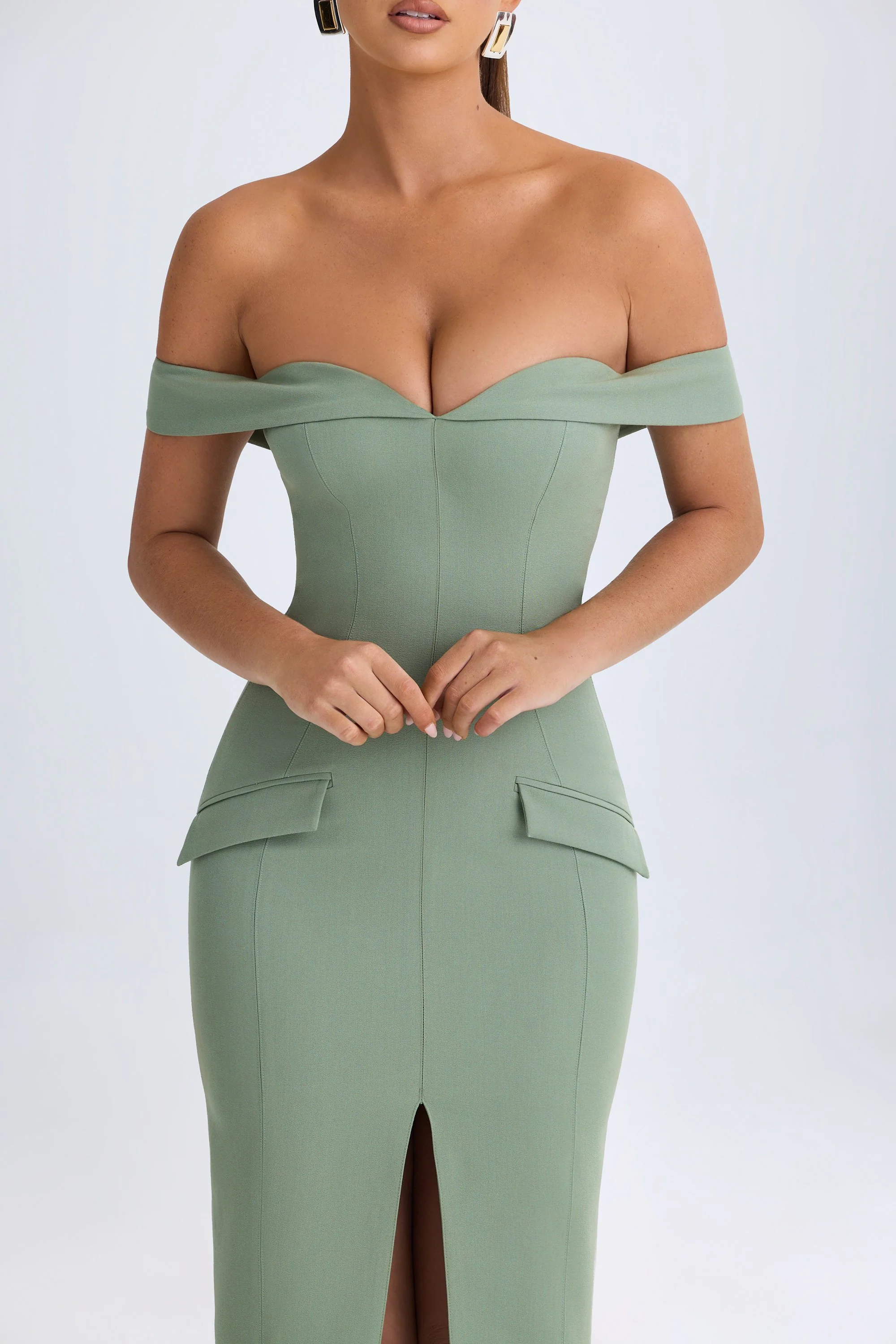 Off-Shoulder Midaxi Dress in Khaki Green - TREBLEV