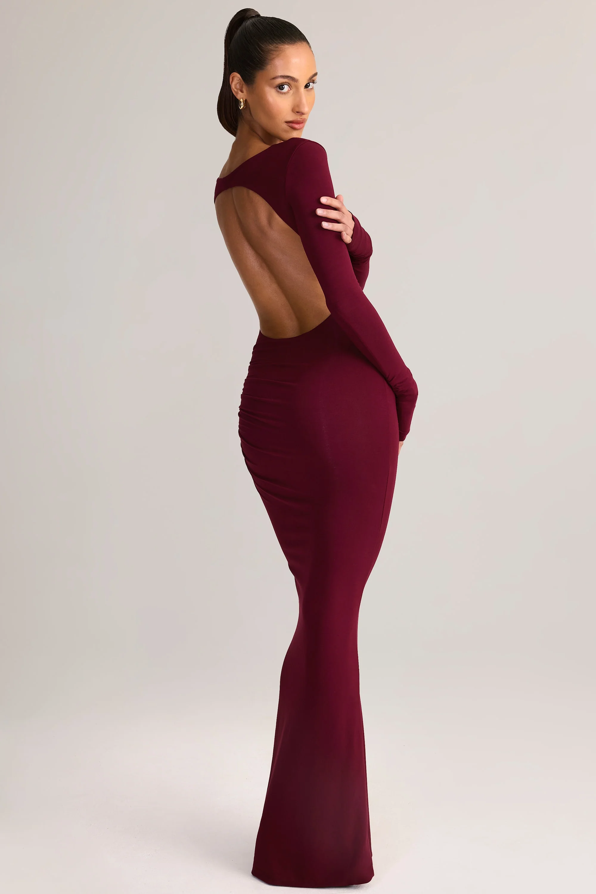Modal Ruched Backless Maxi Dress in Wine - TREBLEV