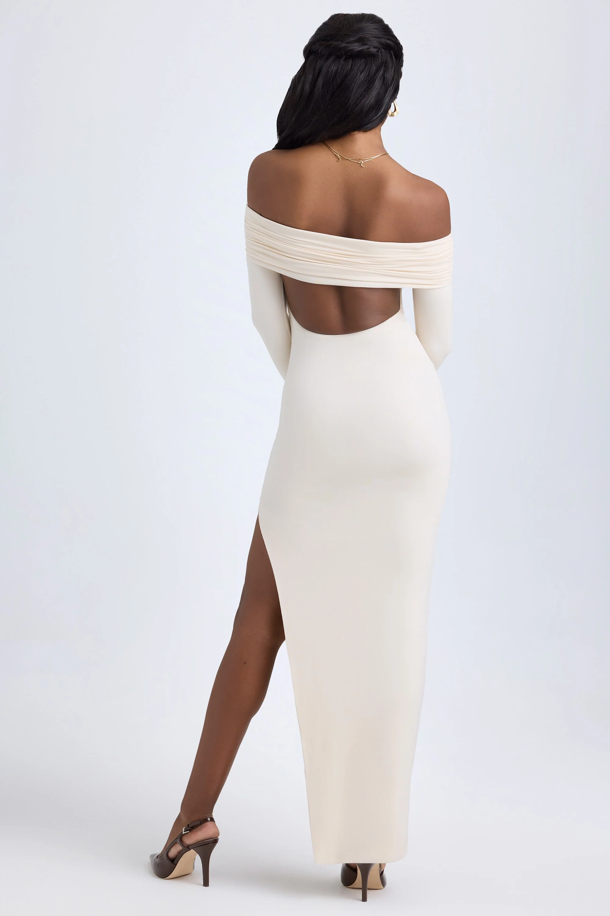 Modal Off-Shoulder Open-Back Maxi Dress in Ivory - TREBLEV