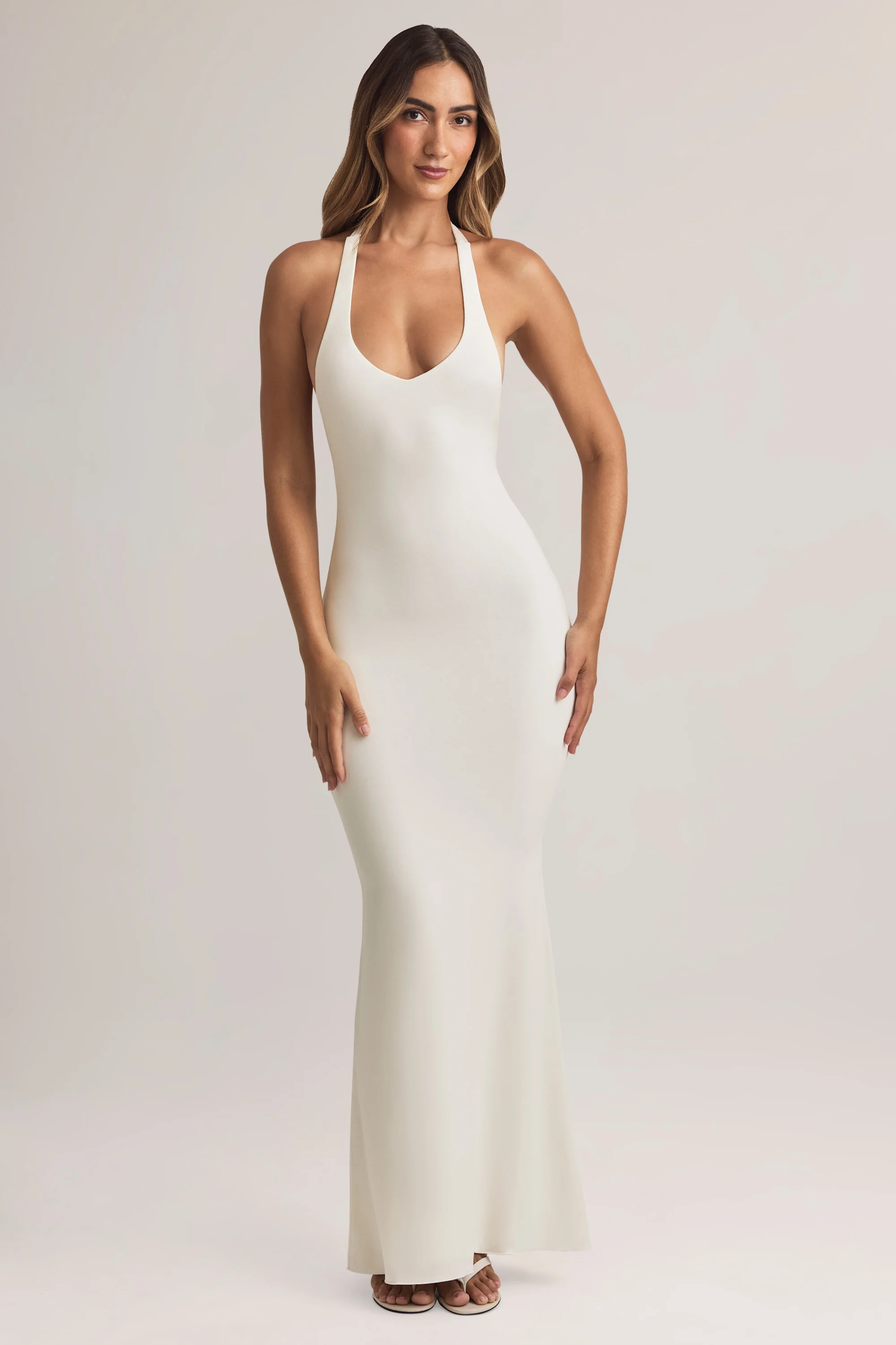 Modal Halterneck Maxi Dress in White - TREBLEV