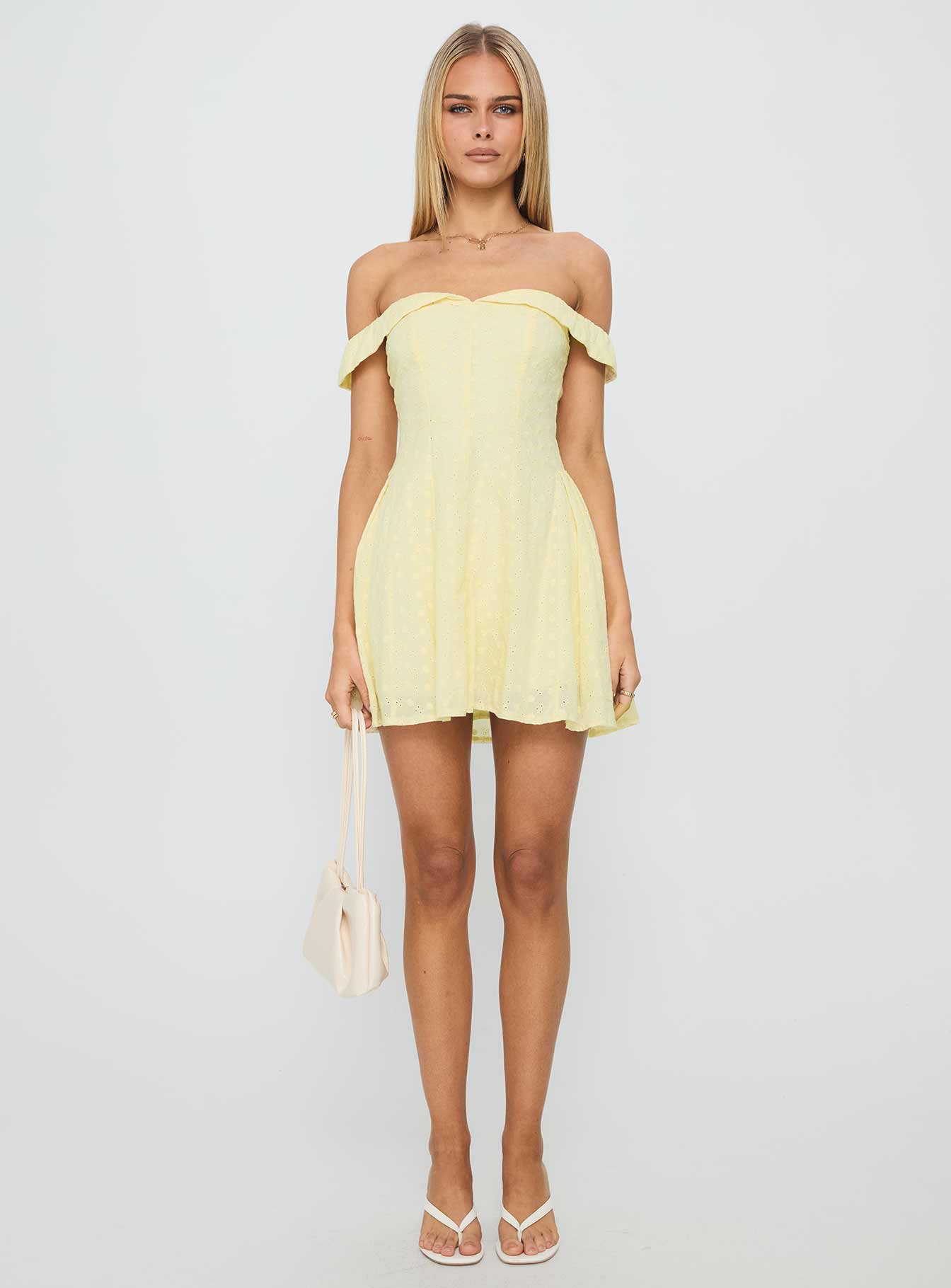 Rosebud Off The Shoulder Mini Dress Lemon - TREBLEV