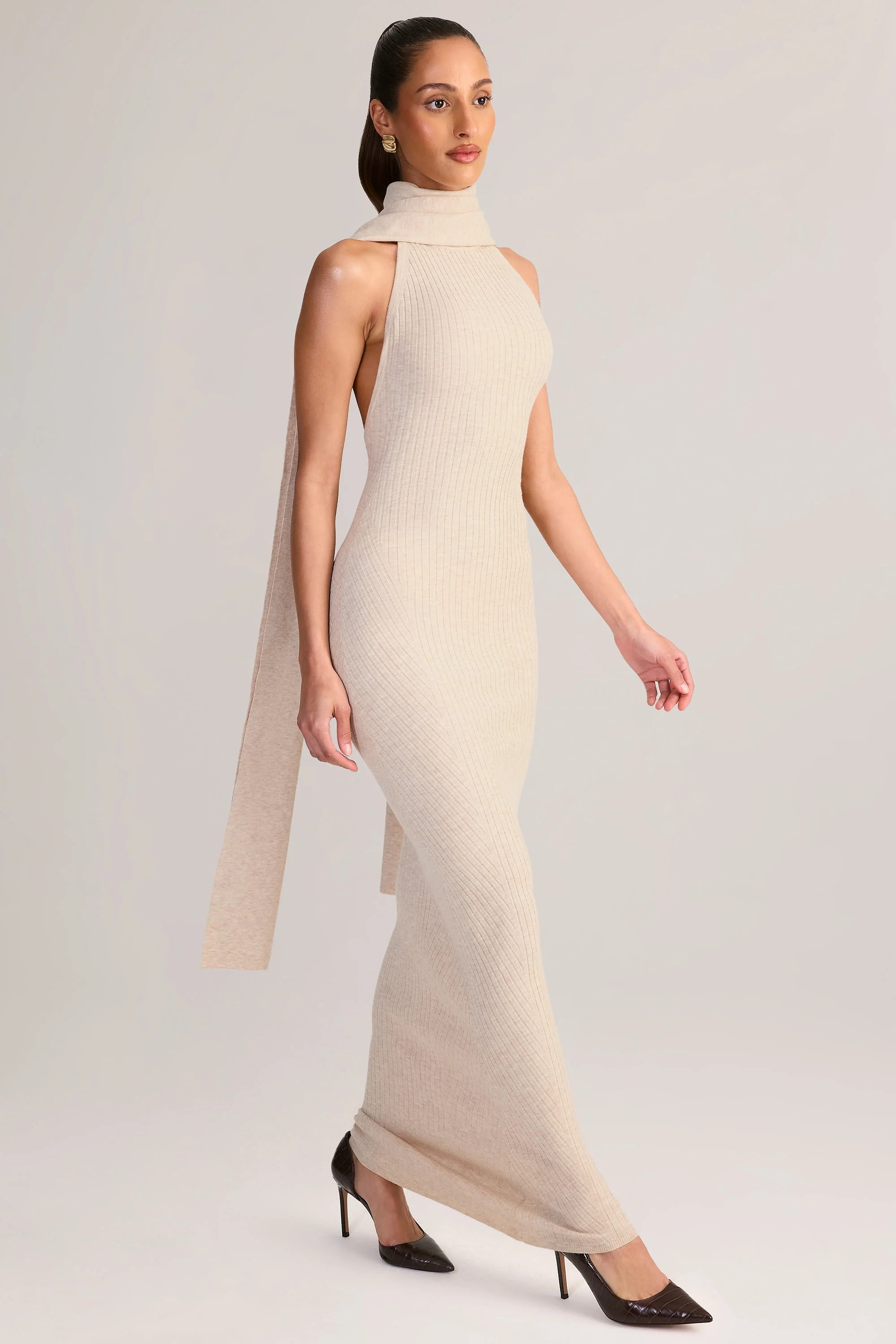 Knit Scarf-Detail Halterneck Maxi Dress in Cream - TREBLEV
