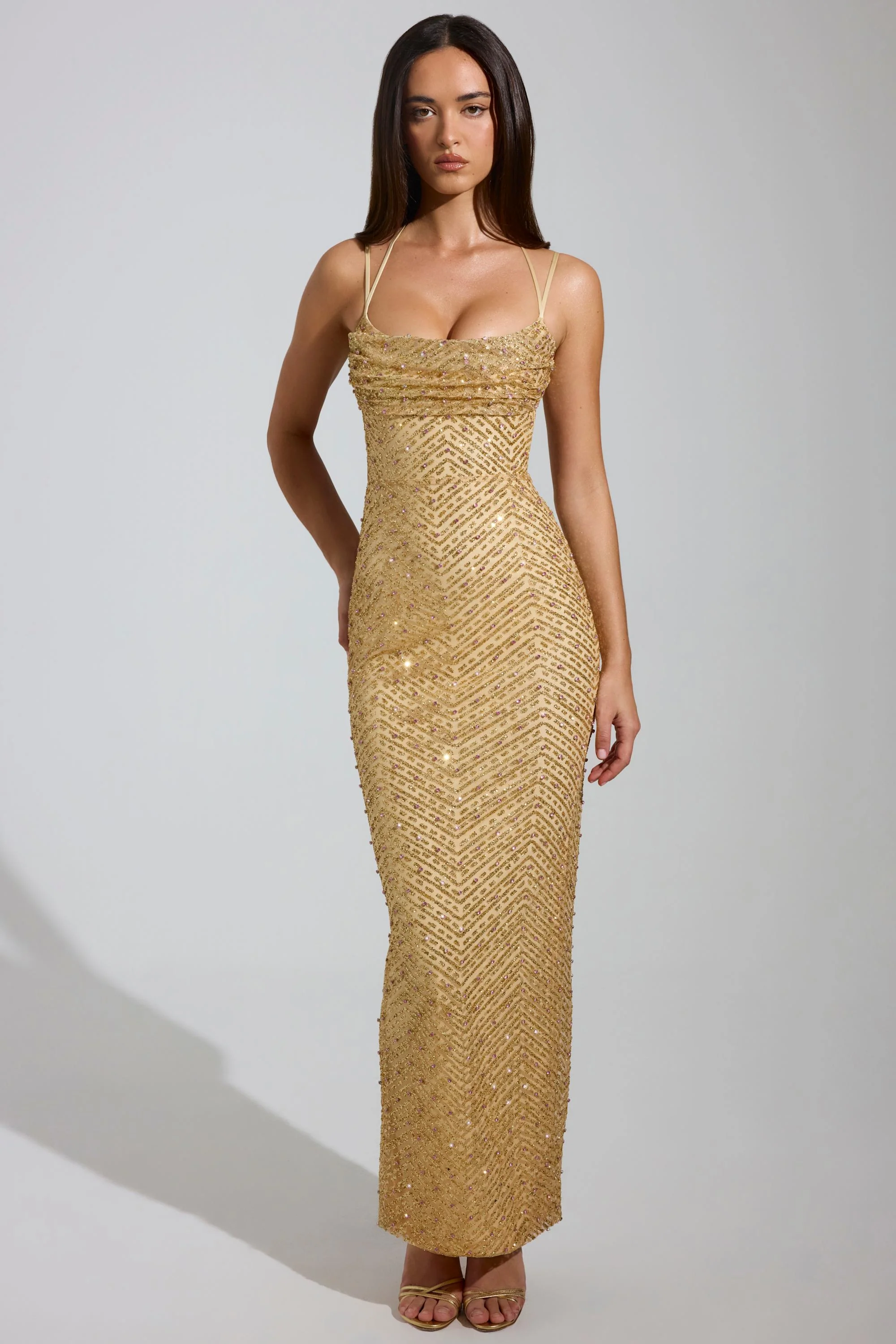 Embellished Cowl-Neck Maxi Dress in Gold - TREBLEV