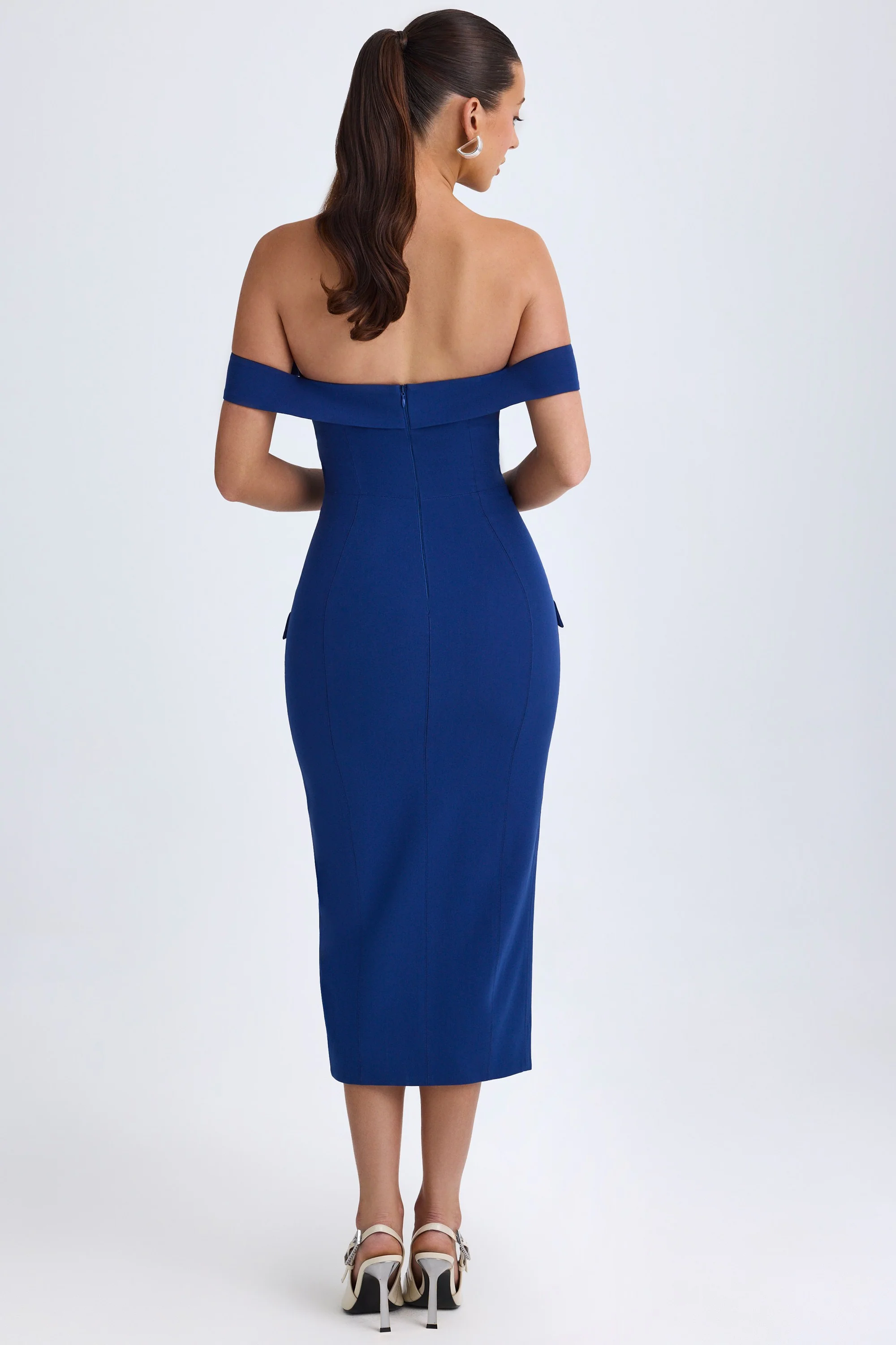 Off-Shoulder Midaxi Dress in True Navy - TREBLEV