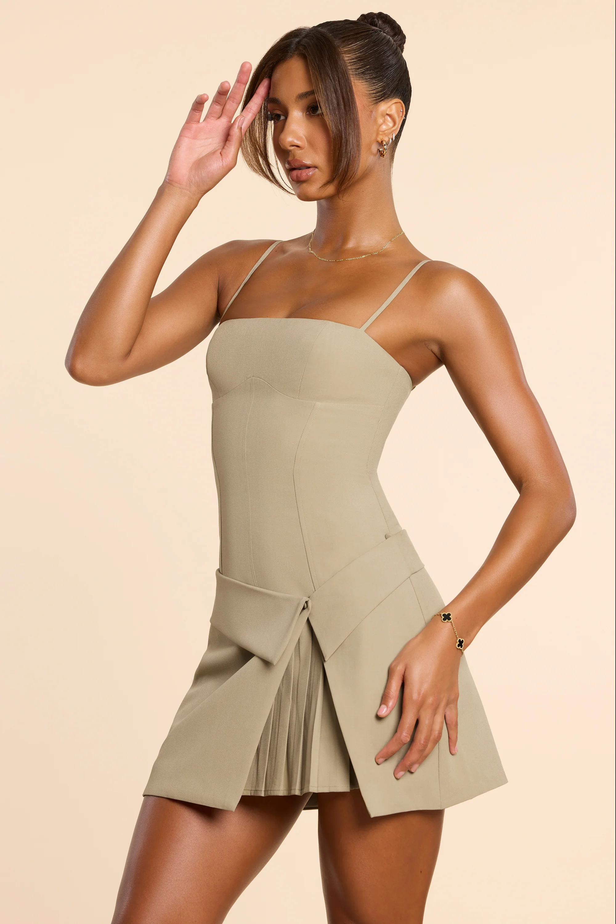 Woven Twill Wrap Over Pleated Mini Dress in Taupe - TREBLEV