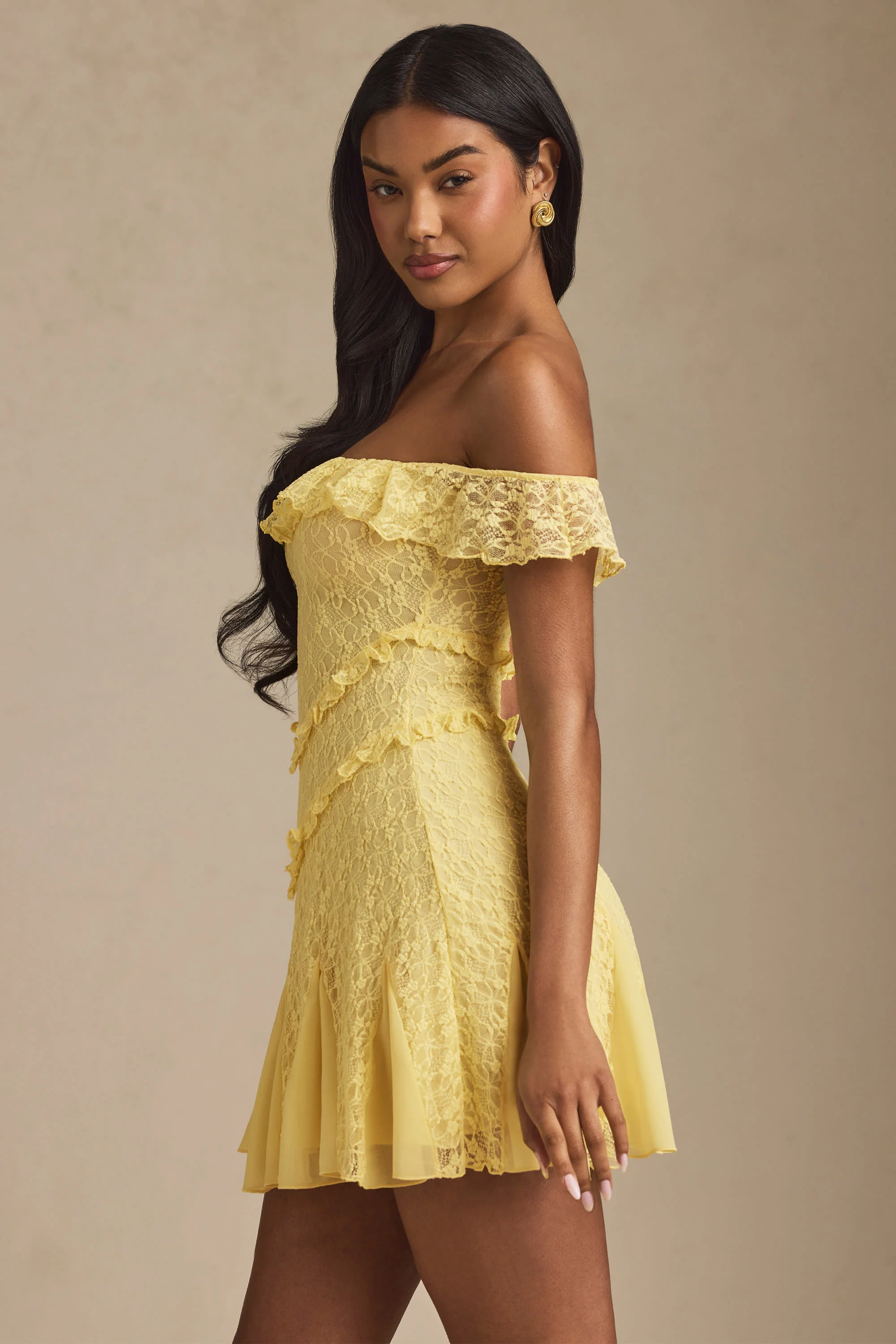 Off-Shoulder Lace A-Line Mini Dress in Pastel Yellow - TREBLEV