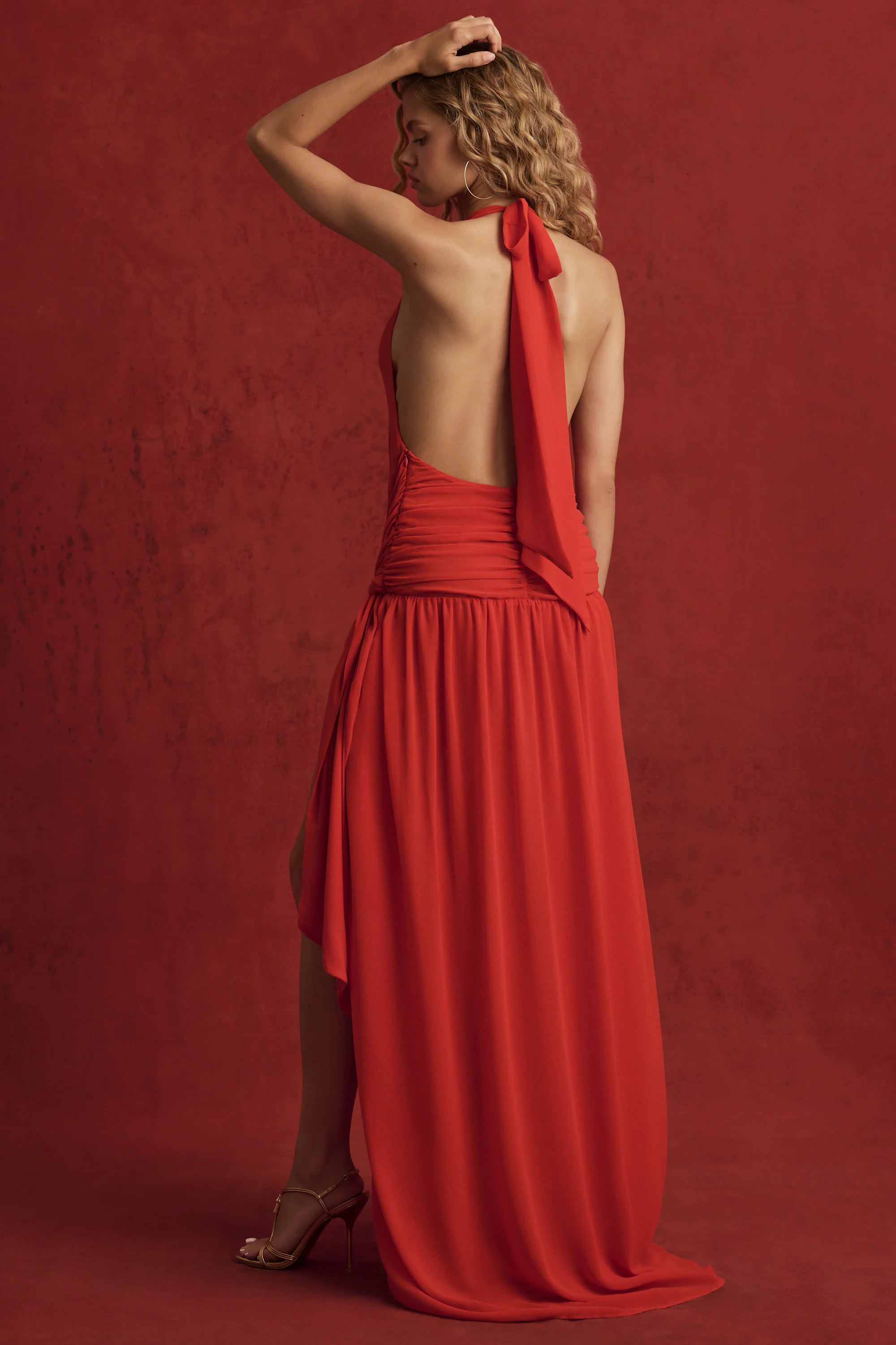 Asymmetric Halterneck Maxi Dress in Chilli Red - TREBLEV