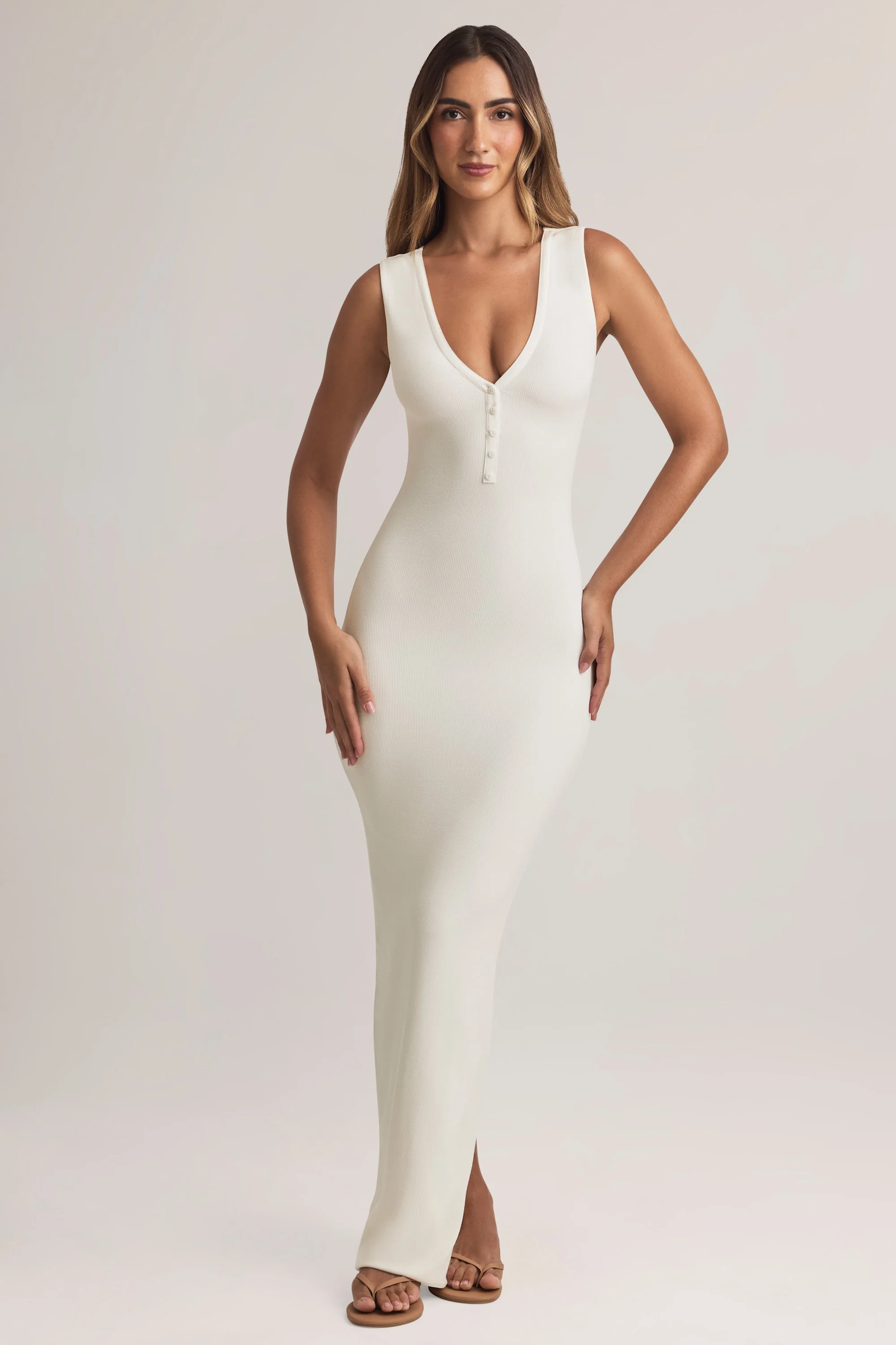 Modal Button-Detail Maxi Dress in White - TREBLEV