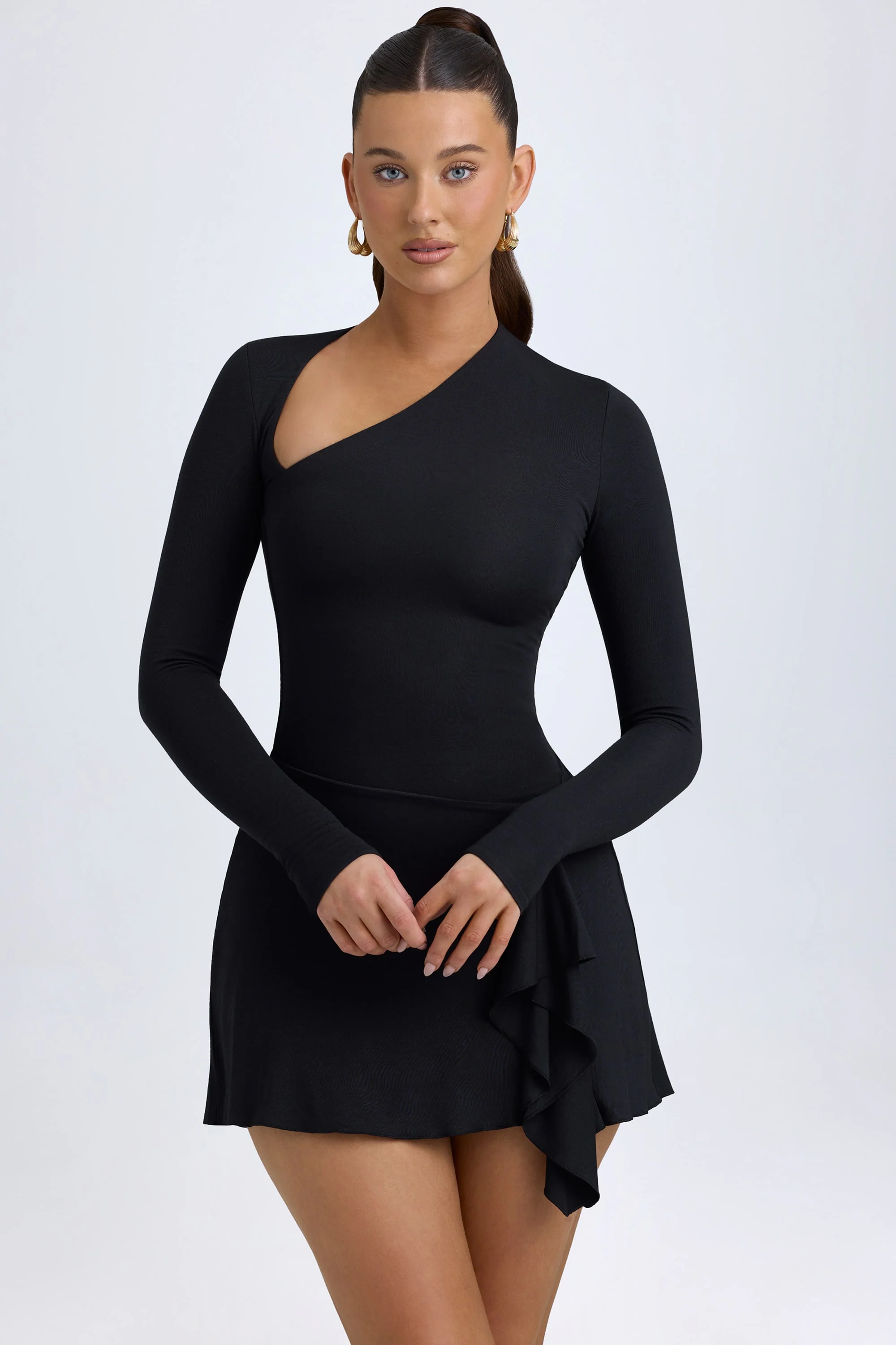 Modal Asymmetric A-Line Mini Dress in Black - TREBLEV