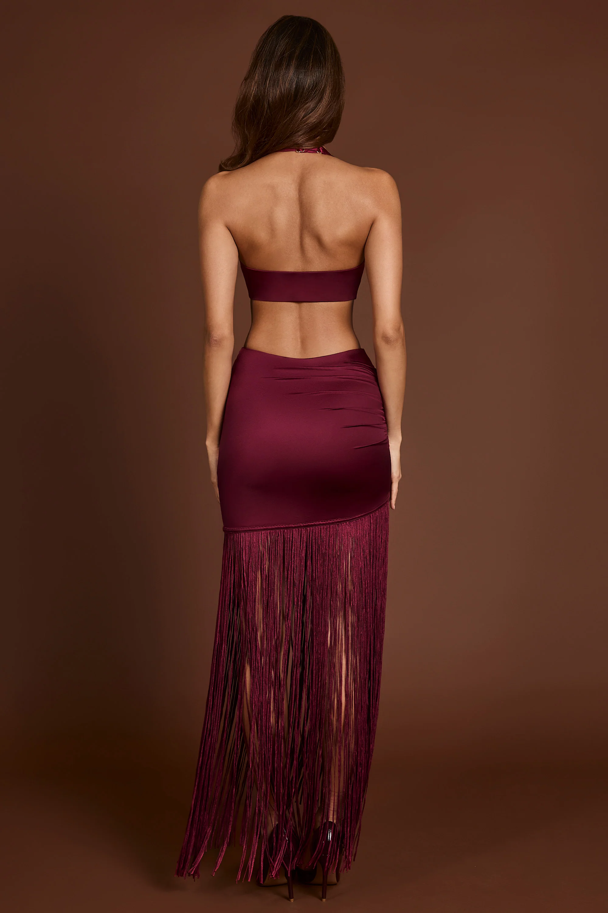 Fringed Plunge-Neck Maxi Dress in Wine Red - TREBLEV