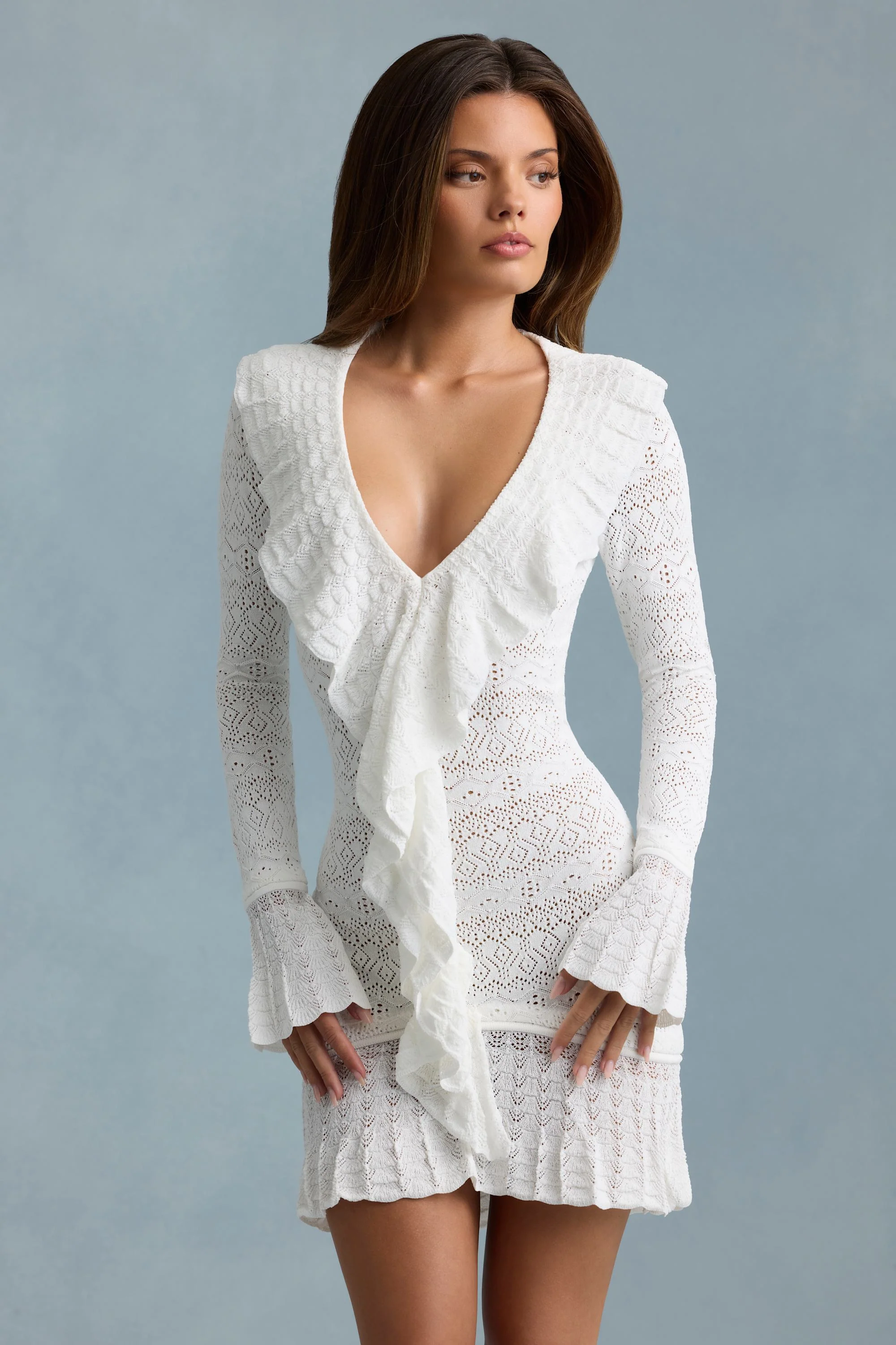 Ruffle-Trim Pointelle-Knit Mini Dress in White - TREBLEV