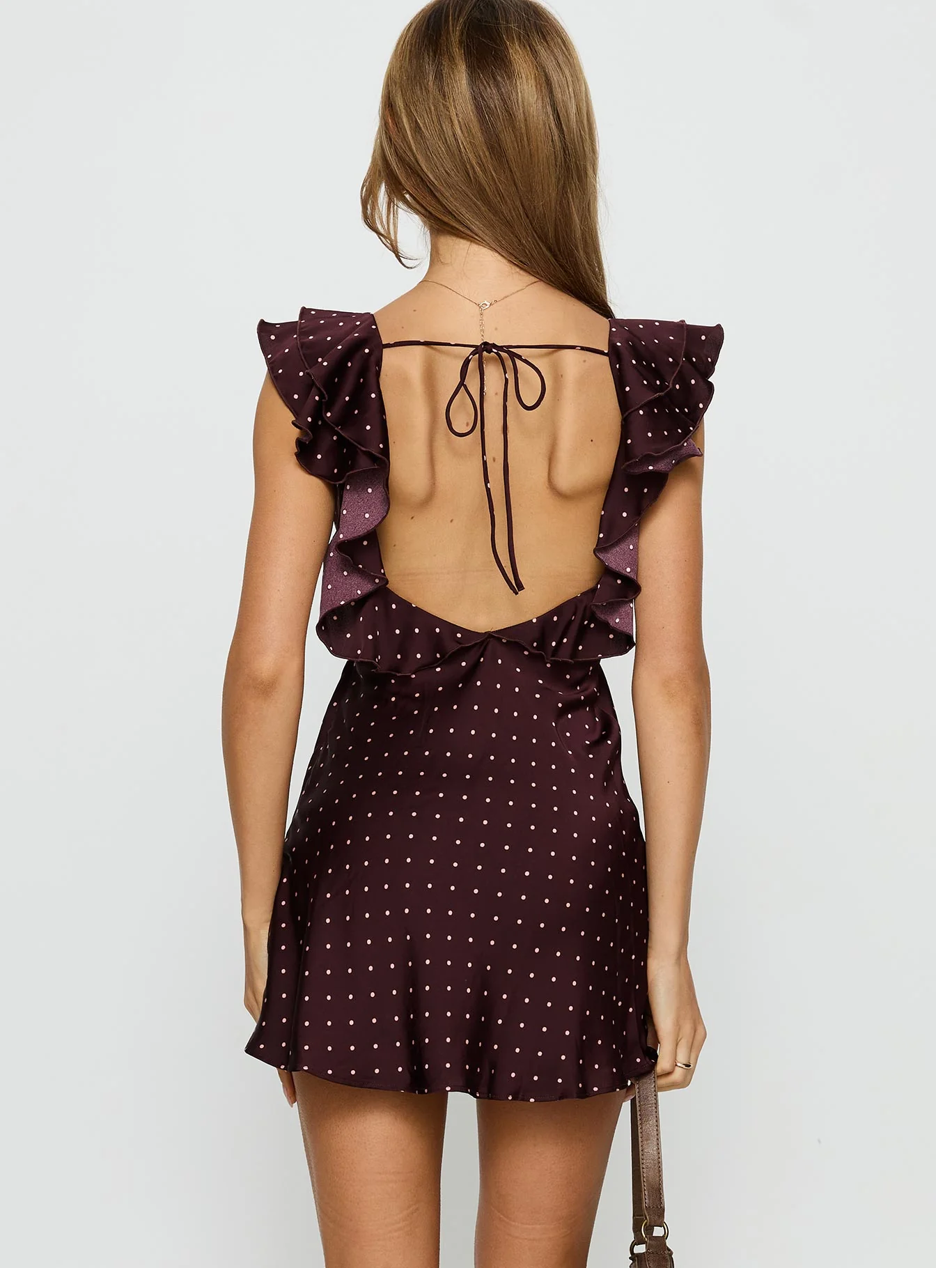 Kamillah Frill Mini Dress Burgundy Polka Dot - TREBLEV