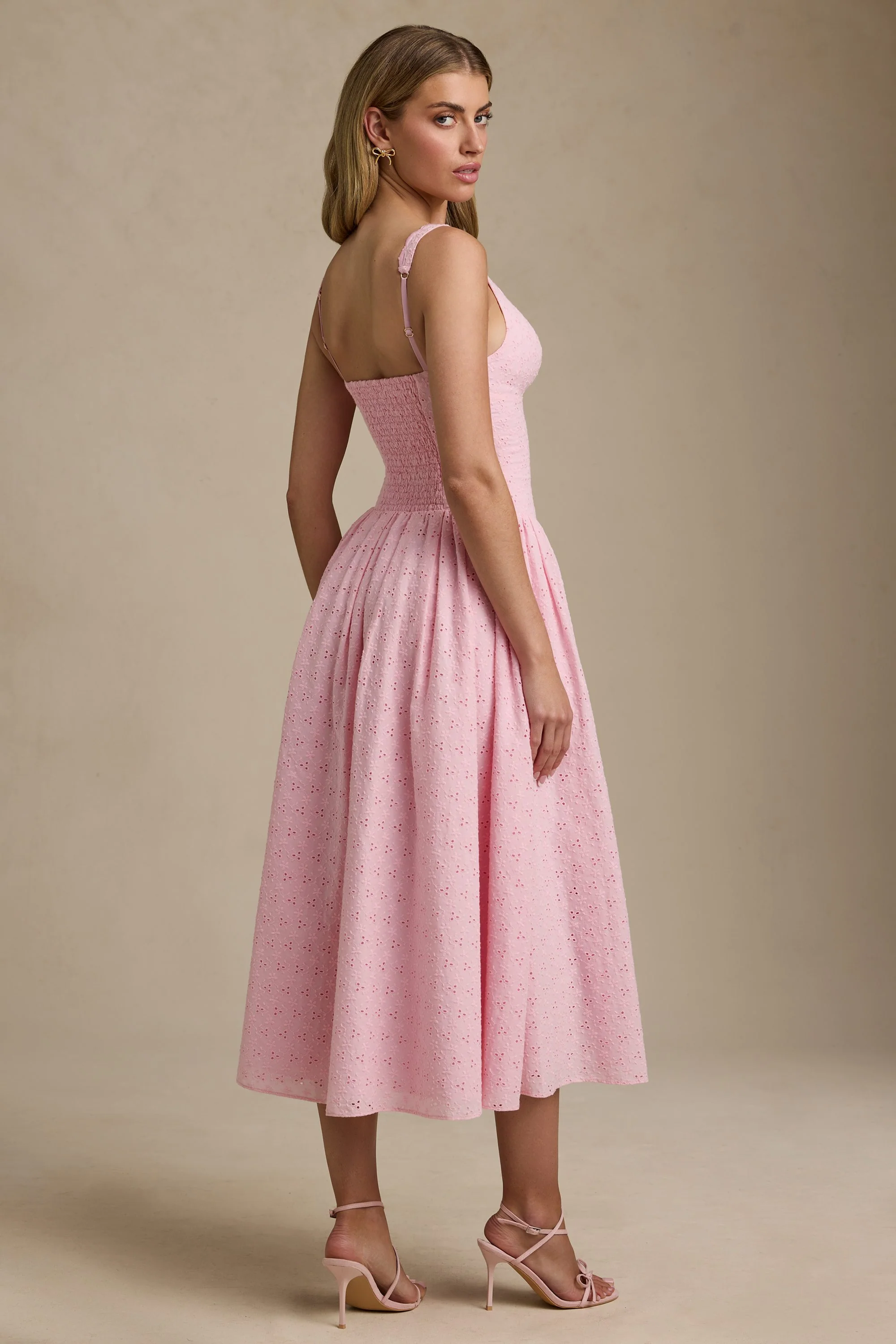 Broderie Anglaise Bow-Detail A-Line Midaxi Dress in Soft Pink - TREBLEV