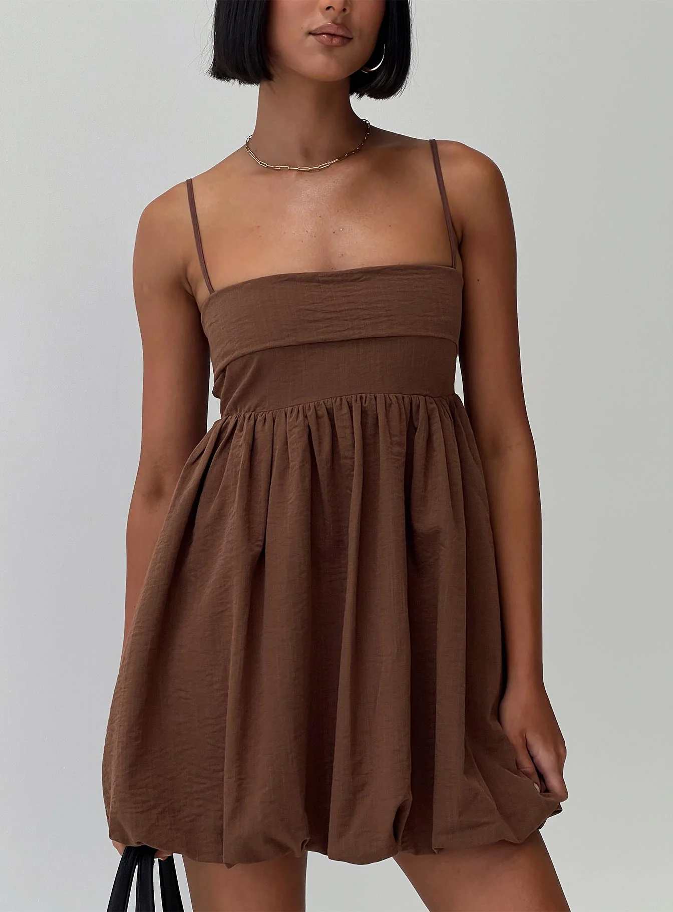Layken Bubble Hem Mini Dress Chocolate - TREBLEV