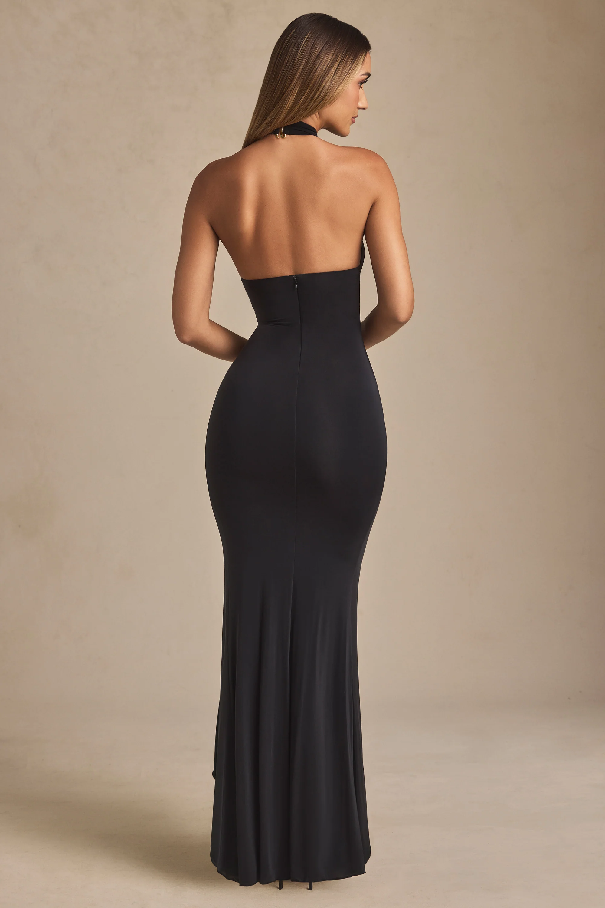 Ruffle-Trim Halterneck Gown in Black - TREBLEV