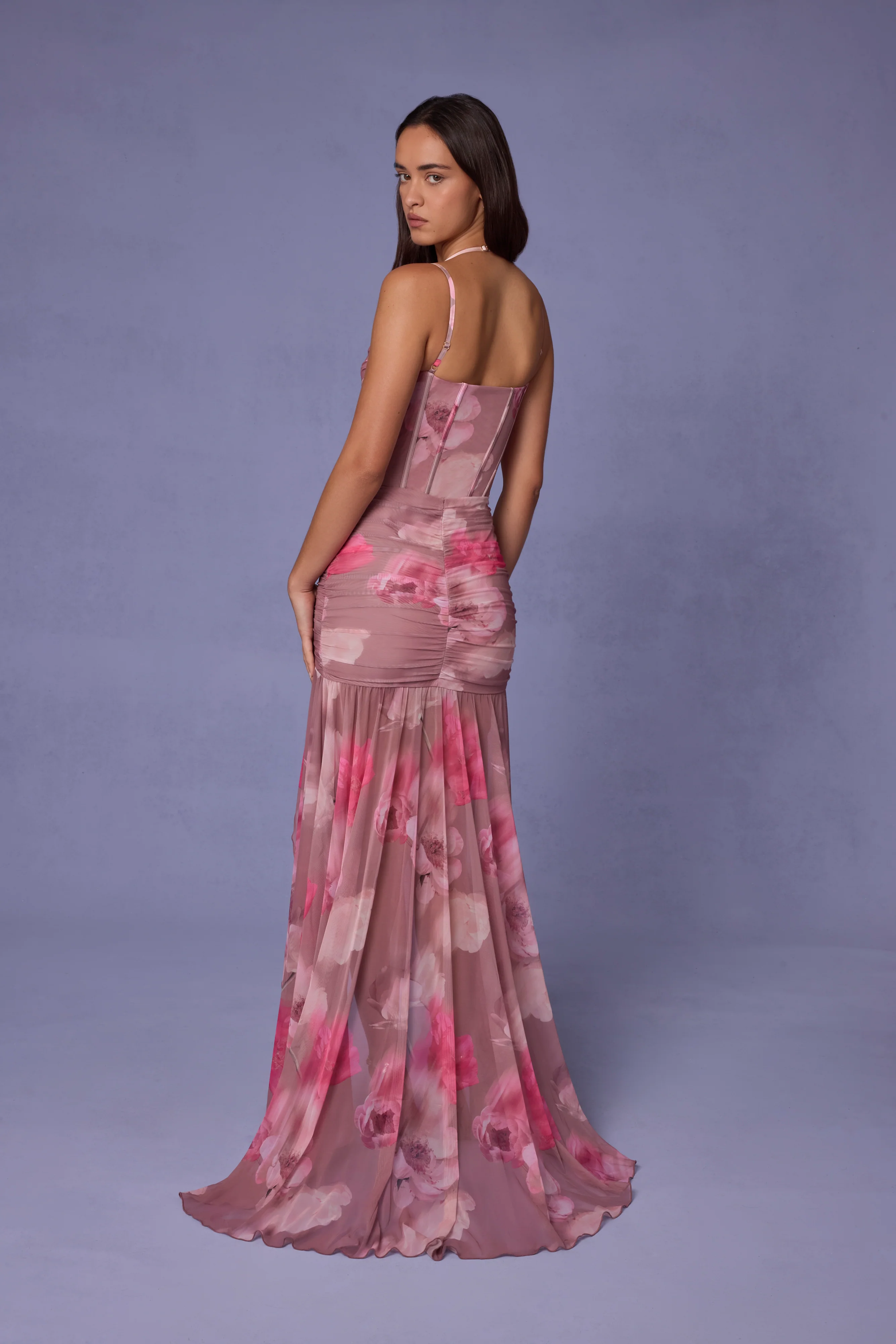 Ruched Asymmetric Corset Gown in Blurred Floral - TREBLEV