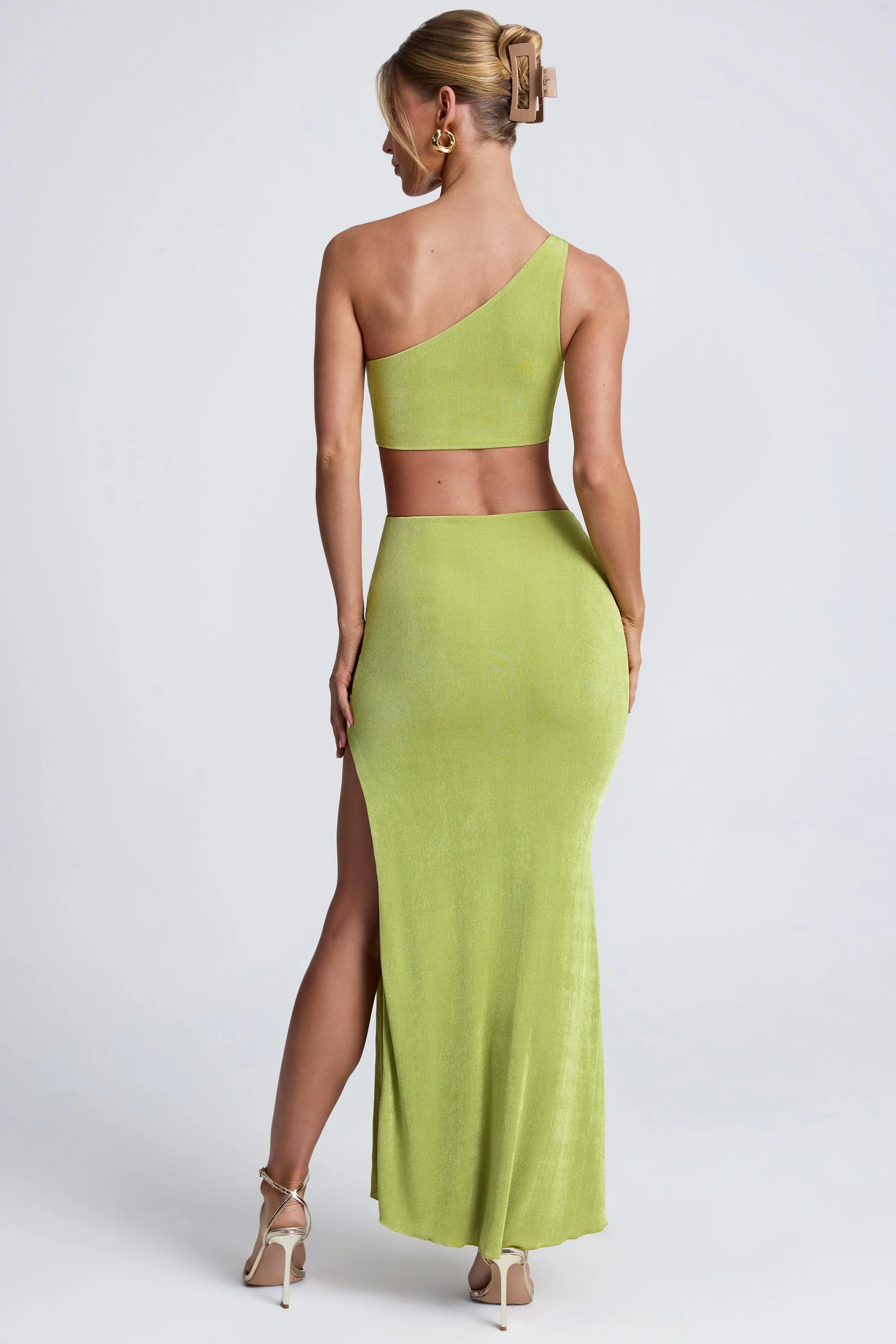 Hardware Detail One-Shoulder Maxi Dress in Olive Green - TREBLEV