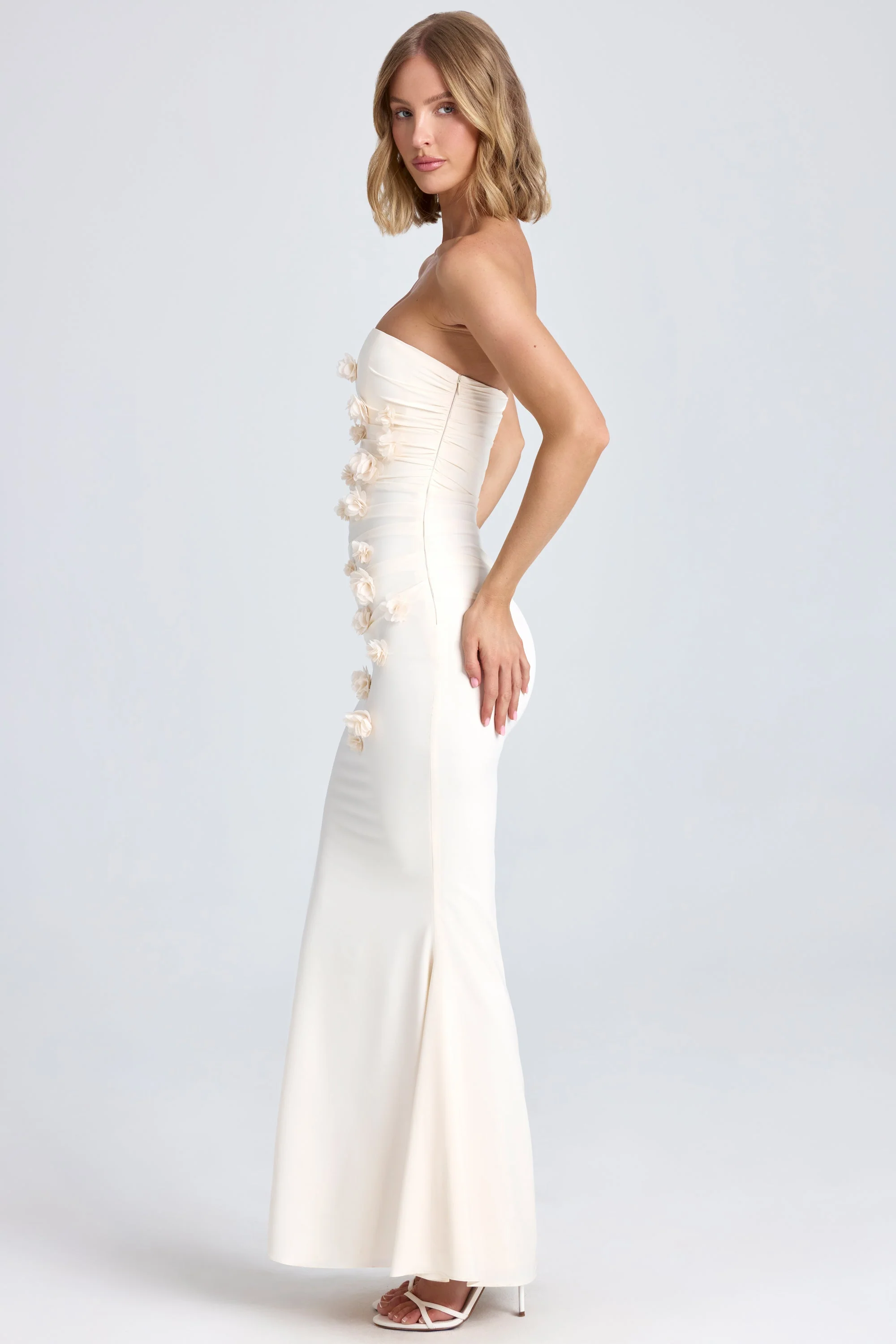 Draped Floral-Appliqué Maxi Dress in Ivory - TREBLEV