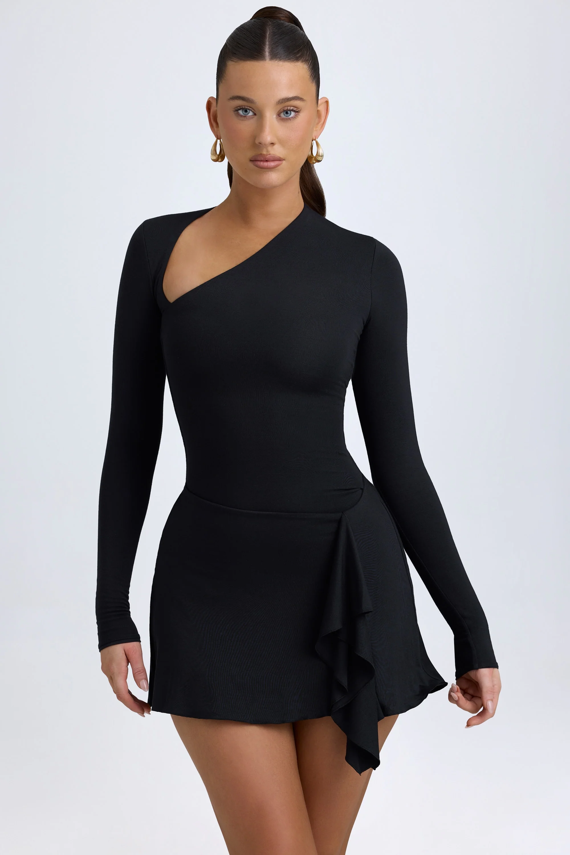Modal Asymmetric A-Line Mini Dress in Black - TREBLEV