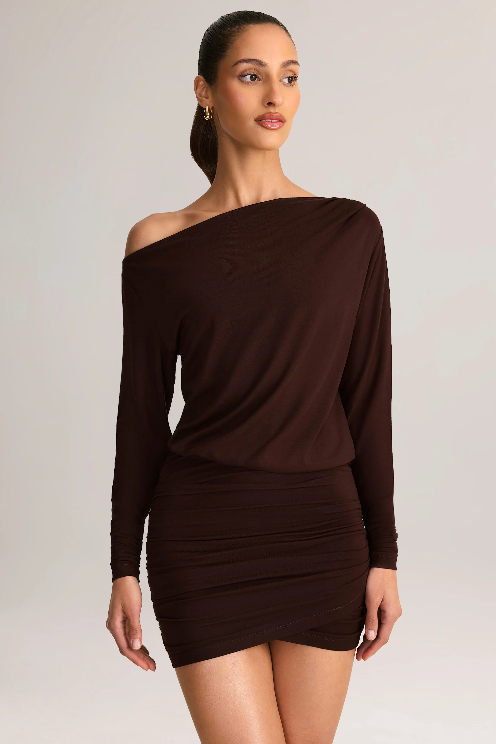 Modal Off-Shoulder Mini Dress in Chocolate Brown - TREBLEV