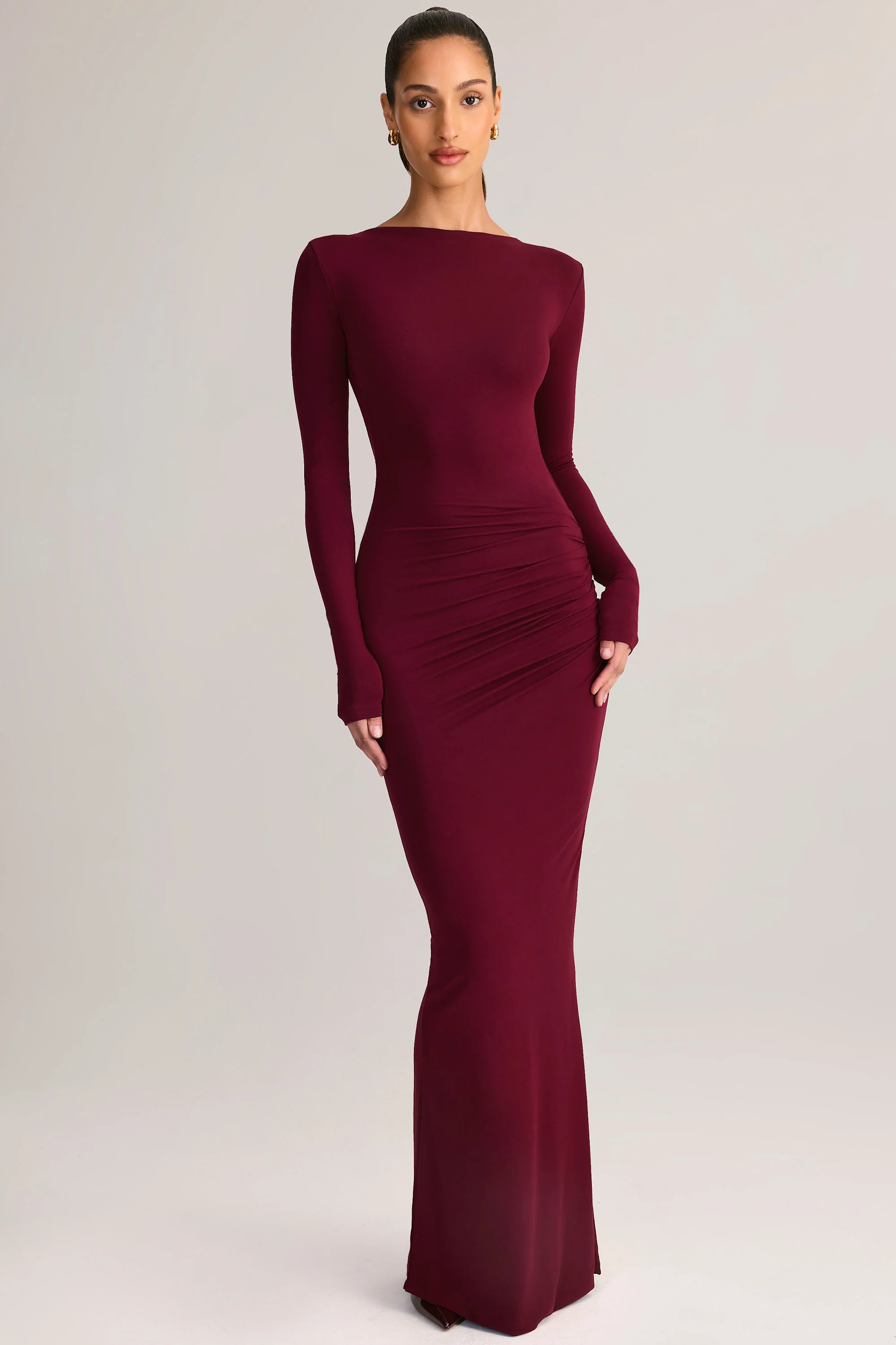 Modal Ruched Backless Maxi Dress in Wine - TREBLEV