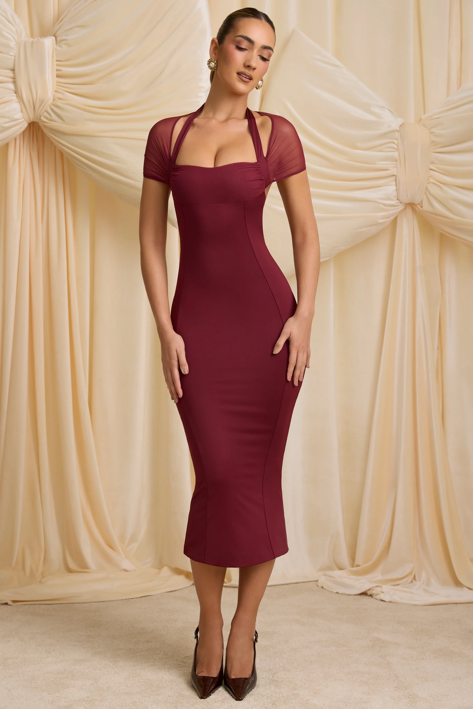 Slinky Jersey Open-Back Midaxi Dress in Wine Red - TREBLEV