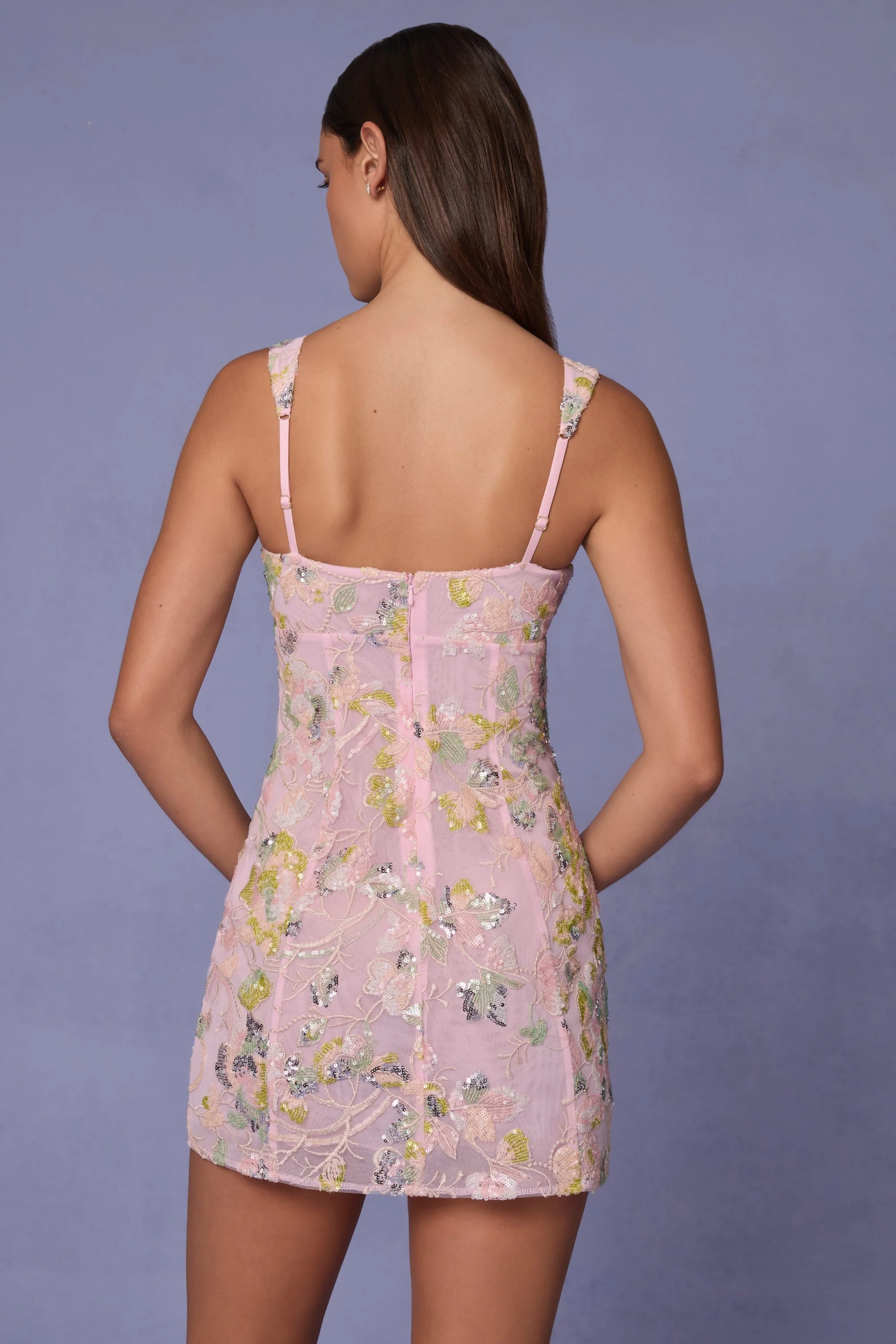 Embellished A-line Mini Dress in Soft Pink - TREBLEV
