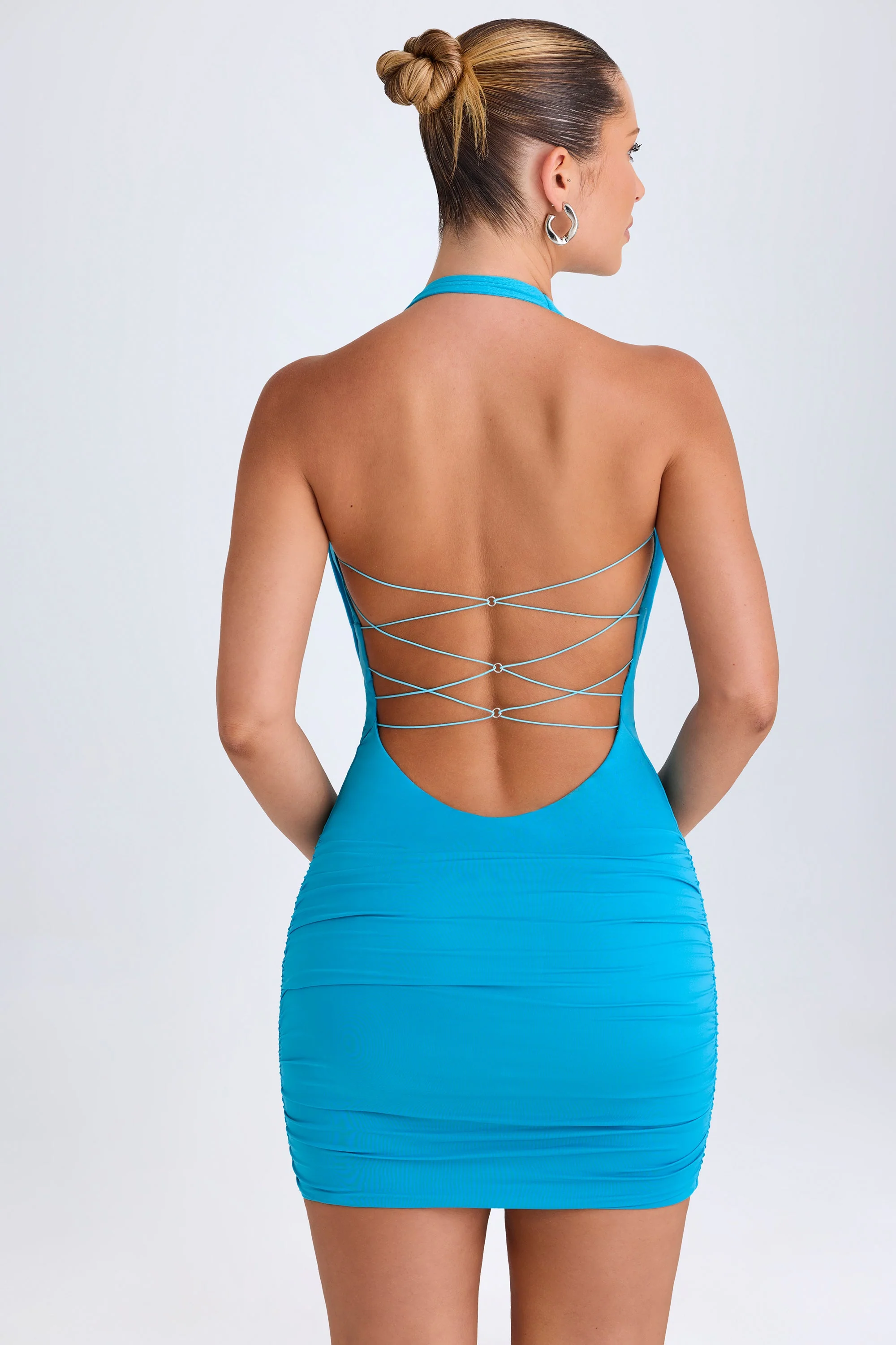 Hardware Detail Cut-Out Cowl-Neck Mini Dress in Aqua Blue - TREBLEV