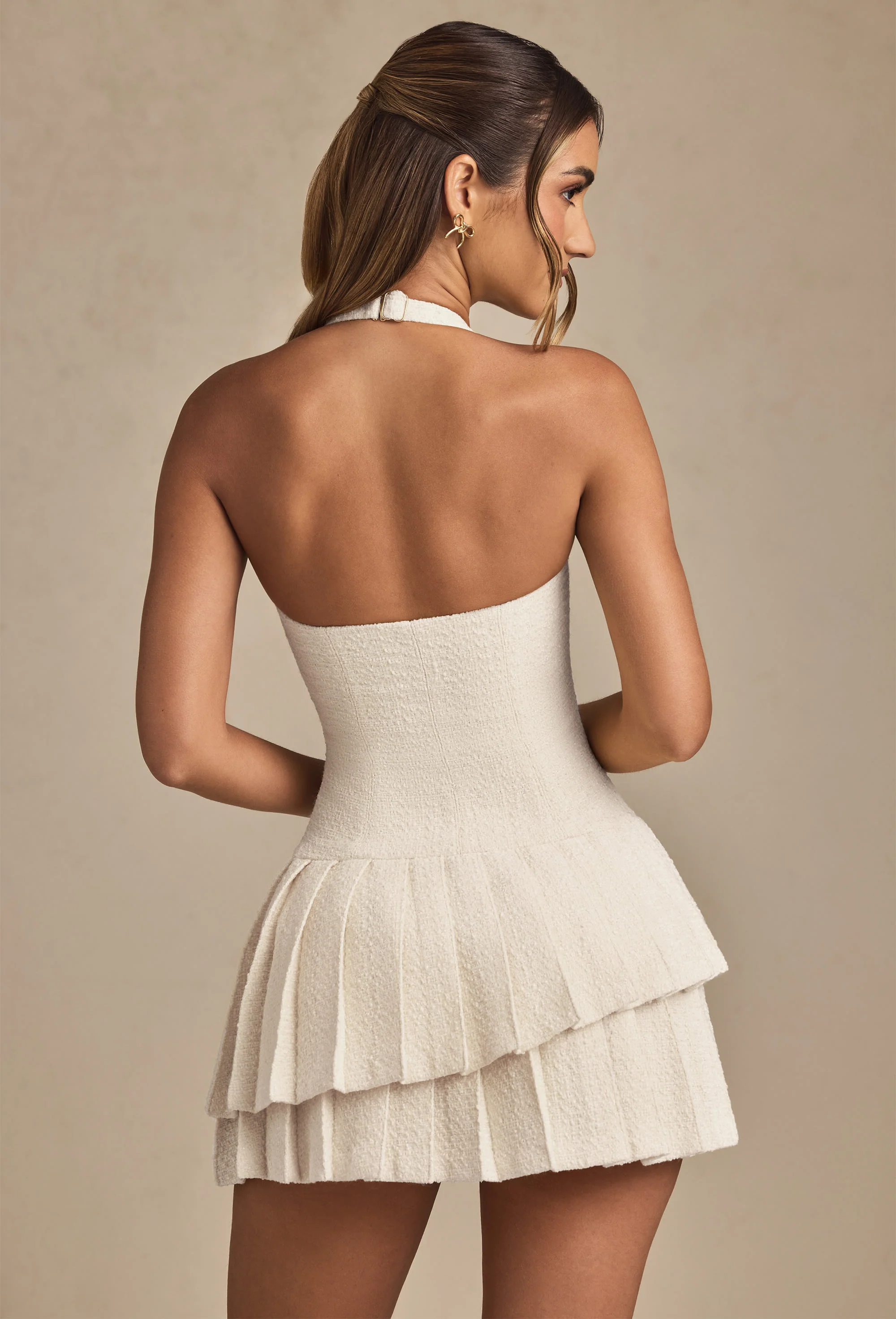 Asymmetric Layered Halterneck Mini Dress in Ivory - TREBLEV