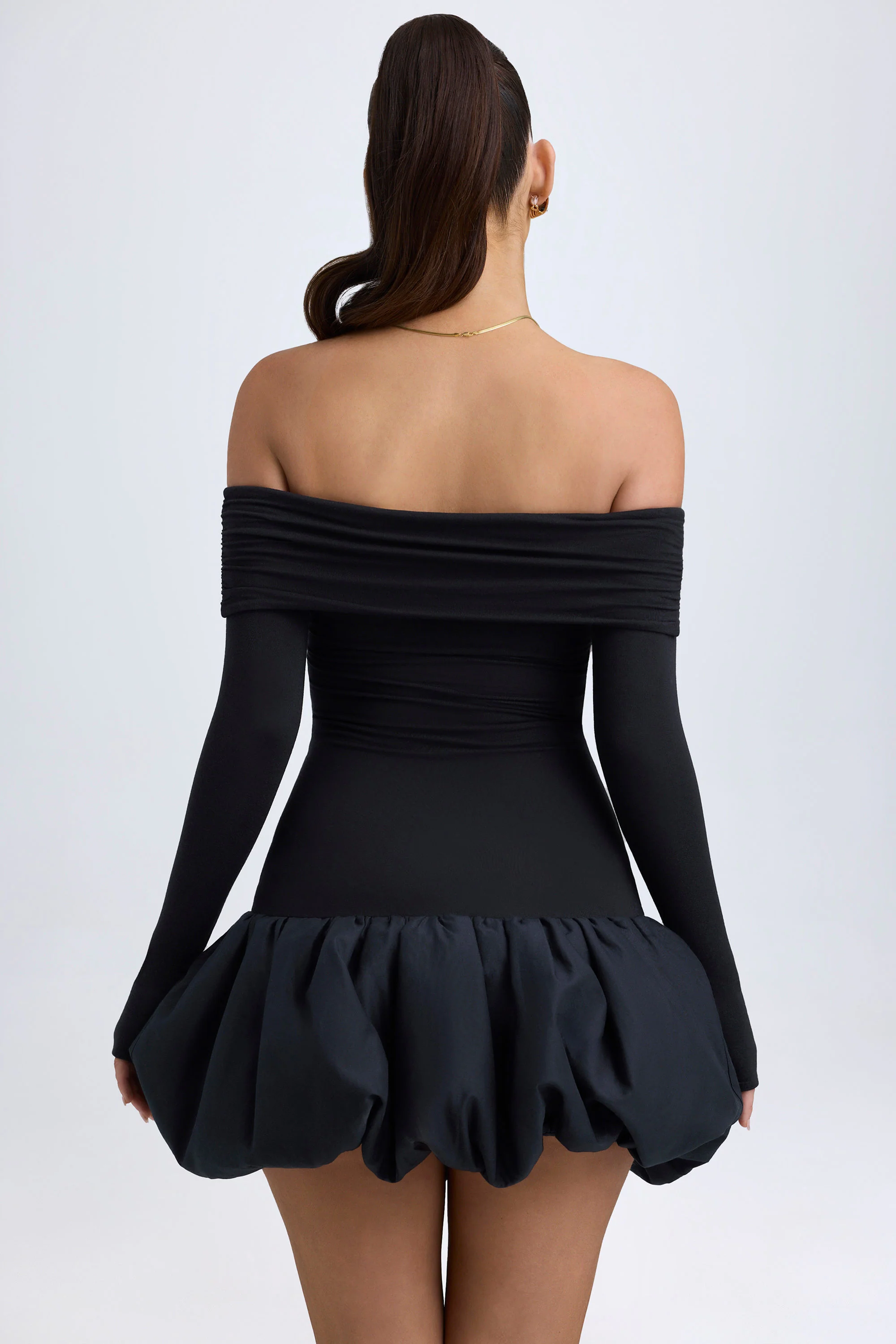 Modal Off-Shoulder Bubble Hem Mini Dress in Black - TREBLEV