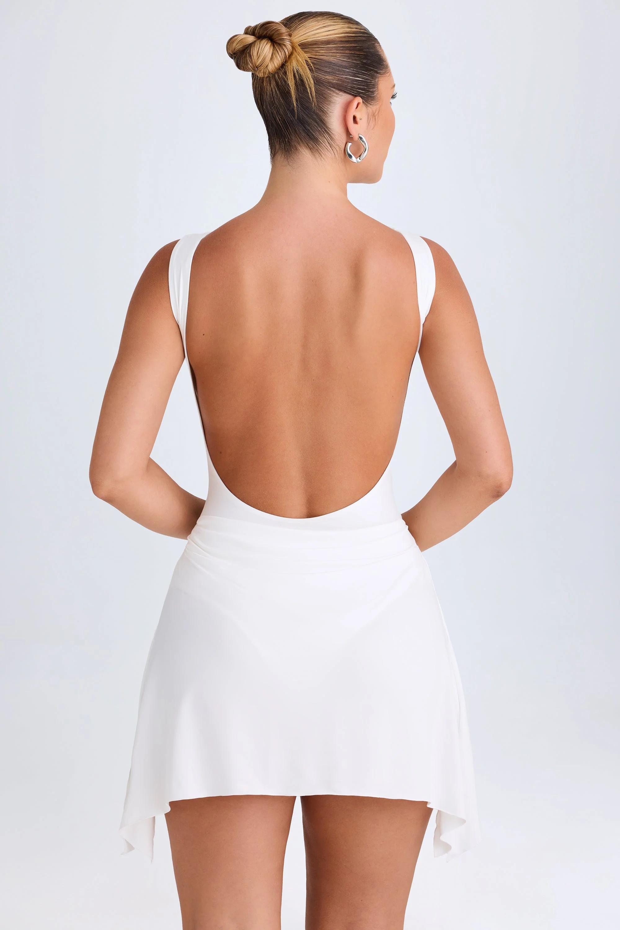 Draped Open-Back Mini Dress in White - TREBLEV