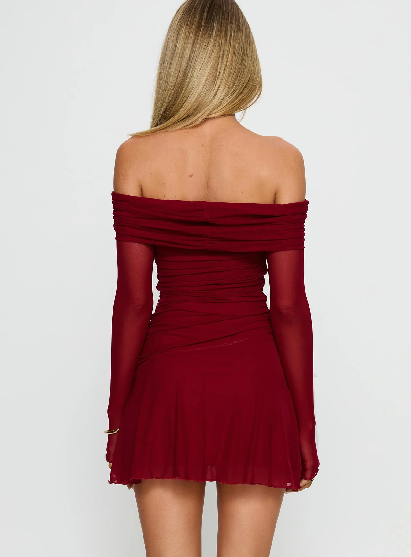 Koki Long Sleeve Off Shoulder Mini Dress Red - TREBLEV