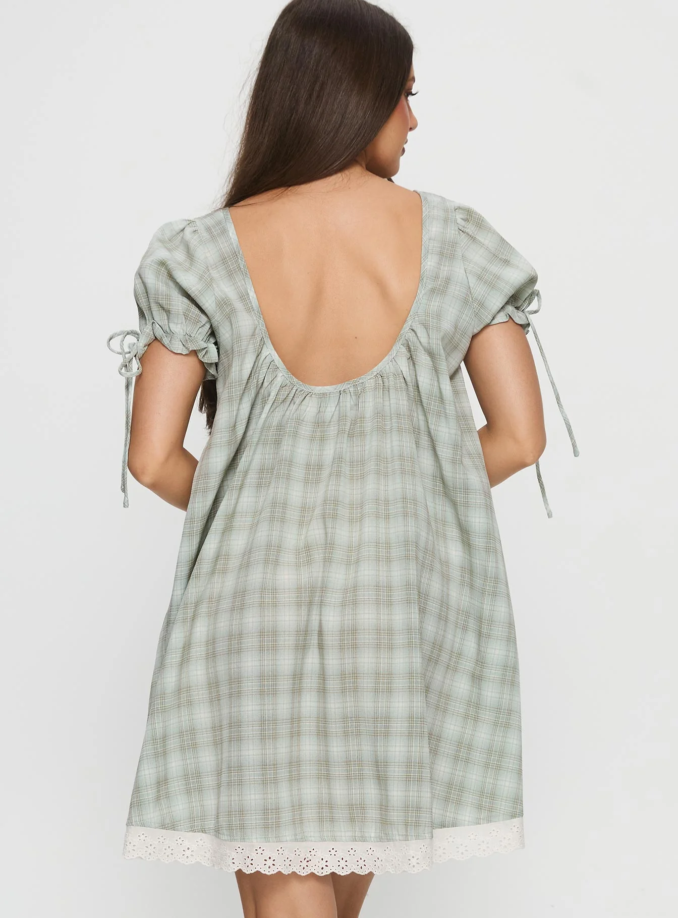 Embracing Puff Sleeve Swing Mini Dress Blue Check - TREBLEV
