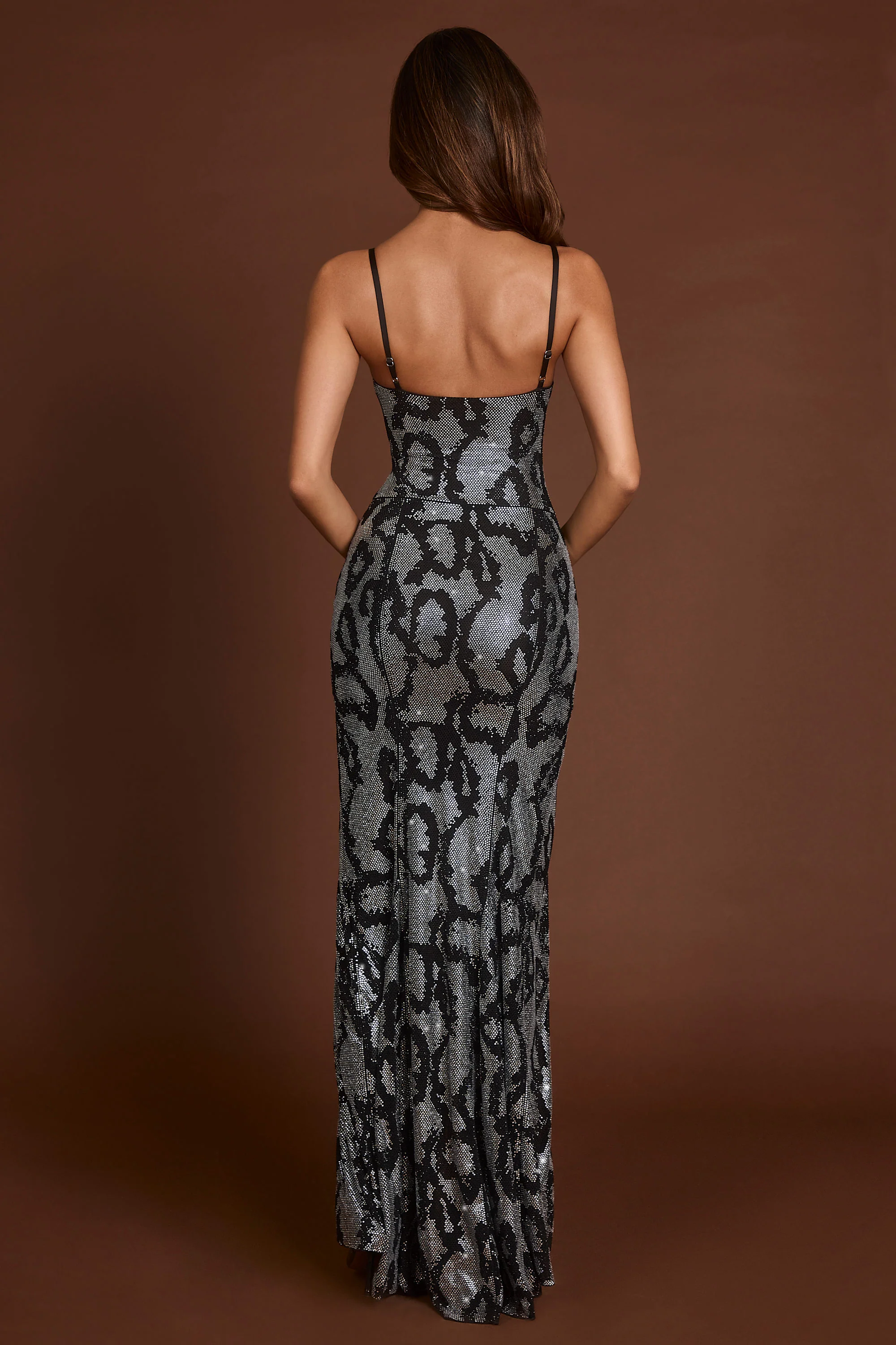 Embellished Peekaboo Cowl-Neck Dress in Silver Snake - TREBLEV