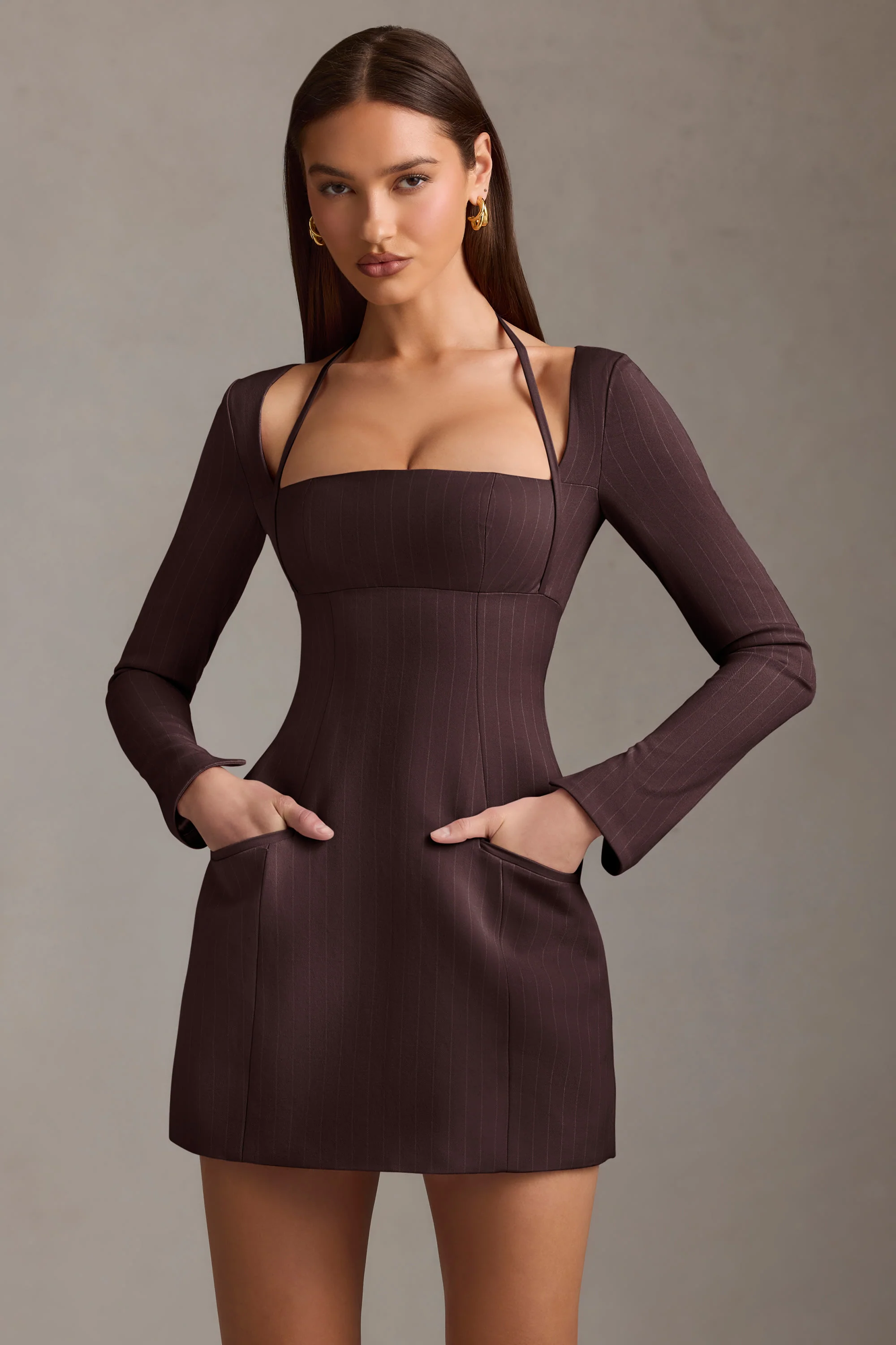 Pinstripe Structured A-Line Mini Dress in Chocolate Brown - TREBLEV