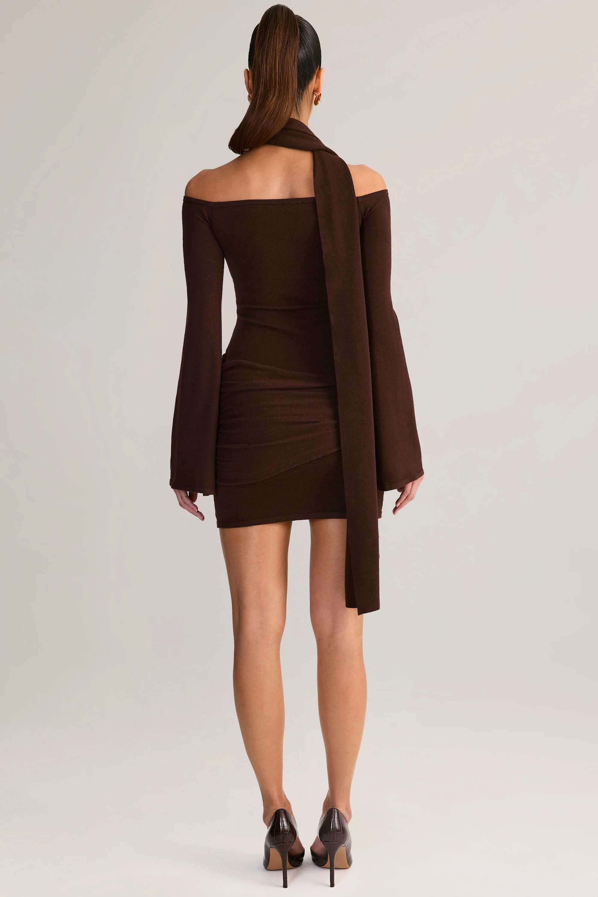 Knit Scarf-Detail Off-Shoulder Mini Dress in Chocolate Brown - TREBLEV