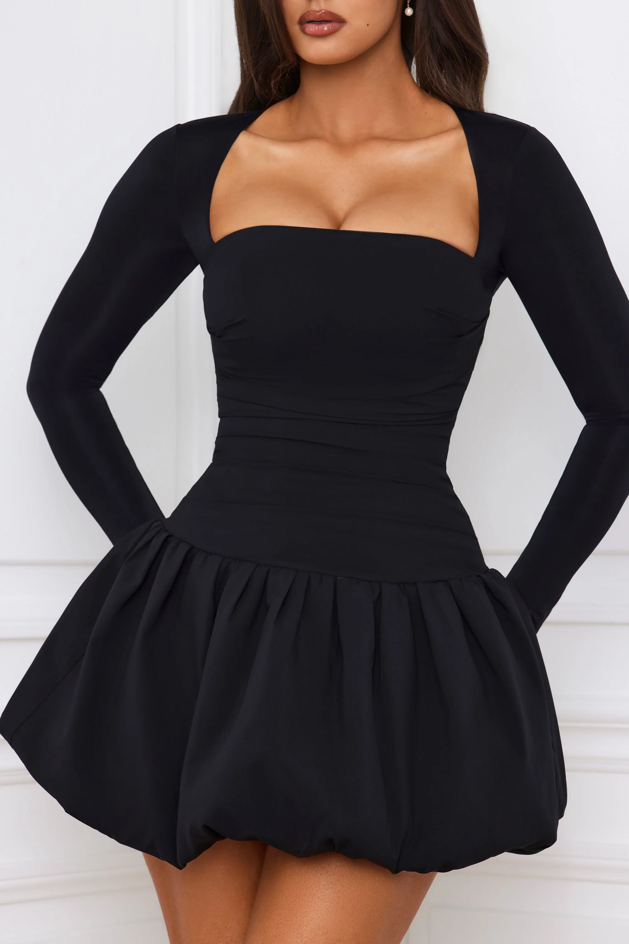 Long-Sleeve Bubble Hem Mini Dress in Black - TREBLEV