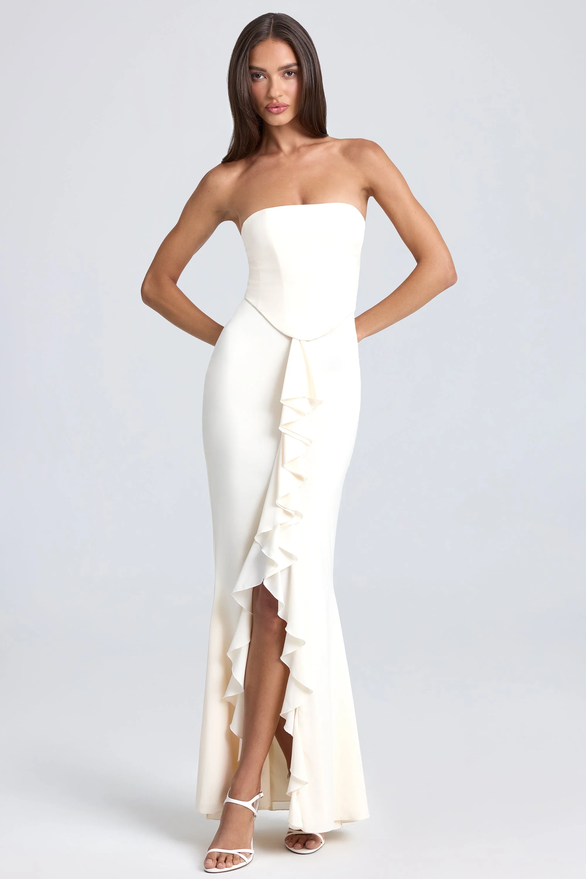 Bandeau Ruffle-Trim Corset Gown in Ivory - TREBLEV