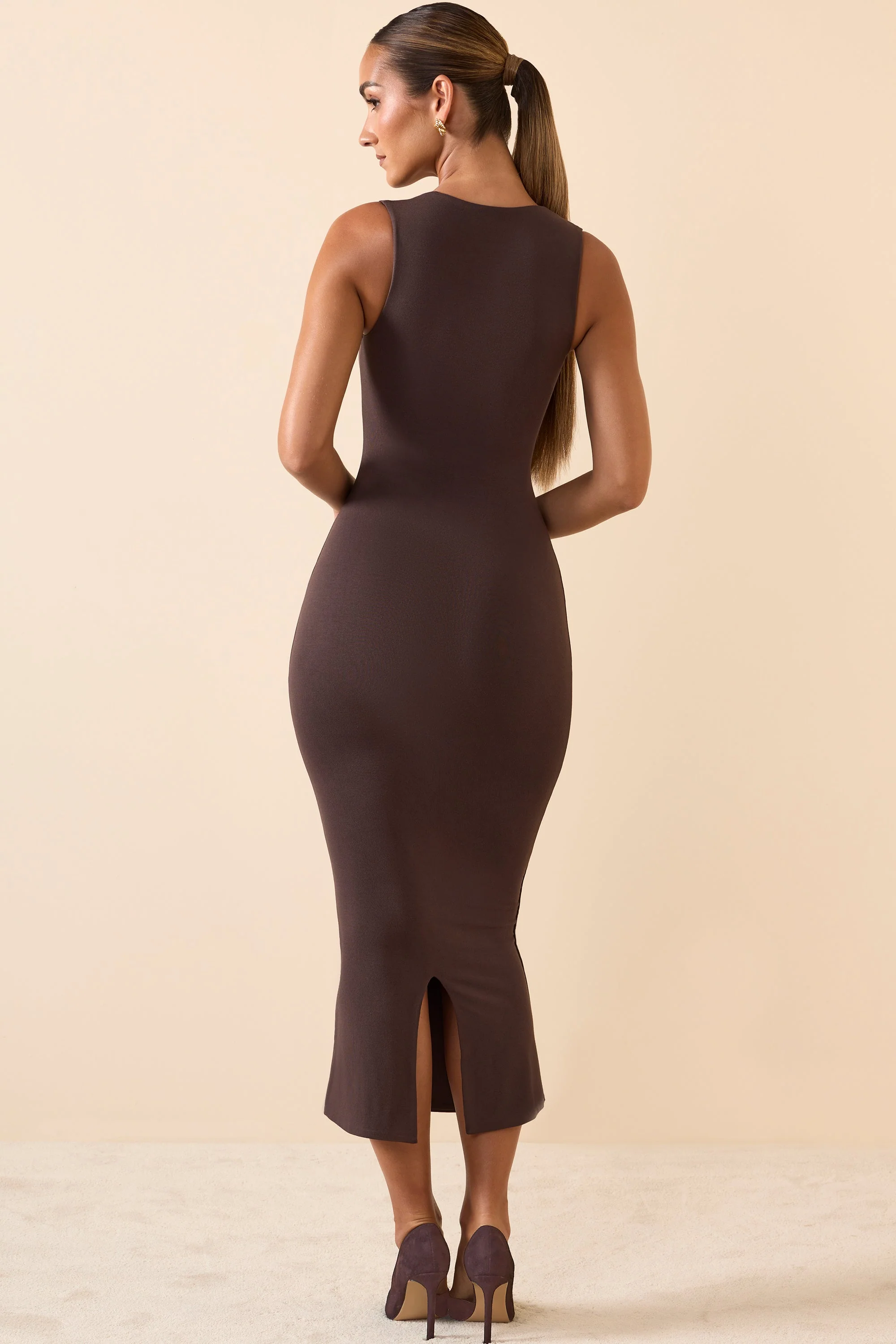 Square Neck Midi Dress in Chocolate Brown - TREBLEV