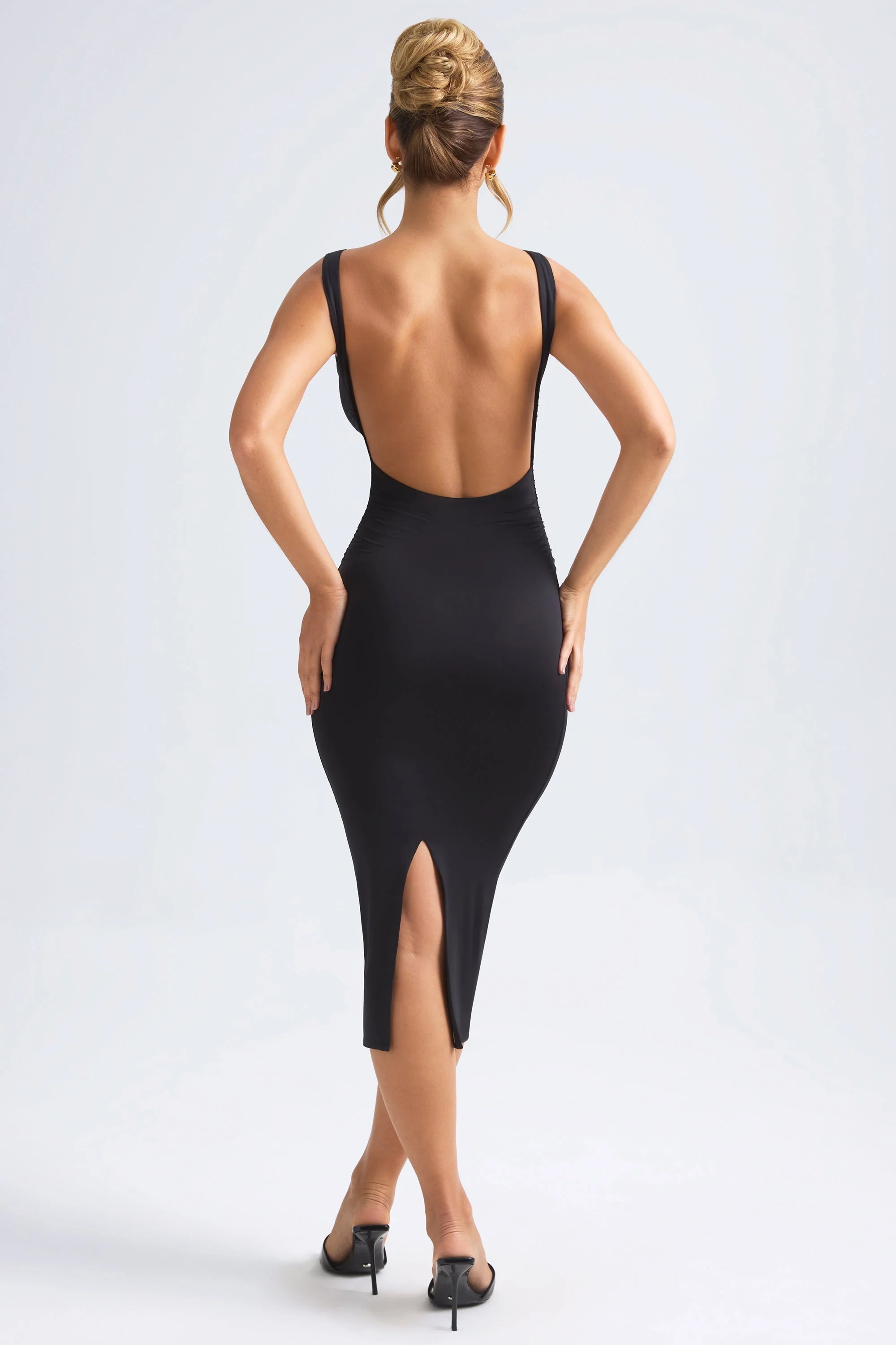Ruched Open-Back Midaxi Dress in Black - TREBLEV