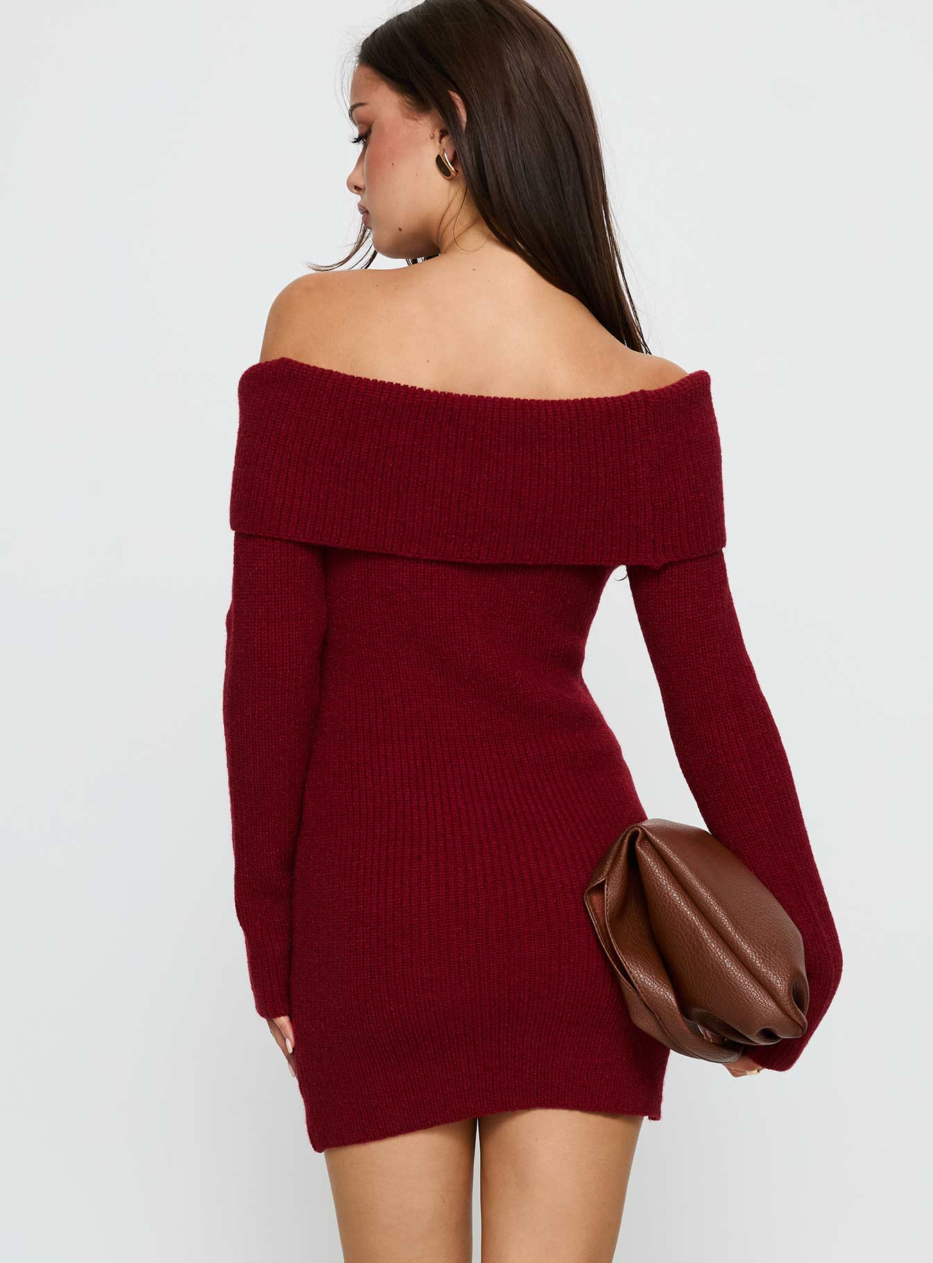Noriko Long Sleeve Knit Mini Dress Burgundy - TREBLEV