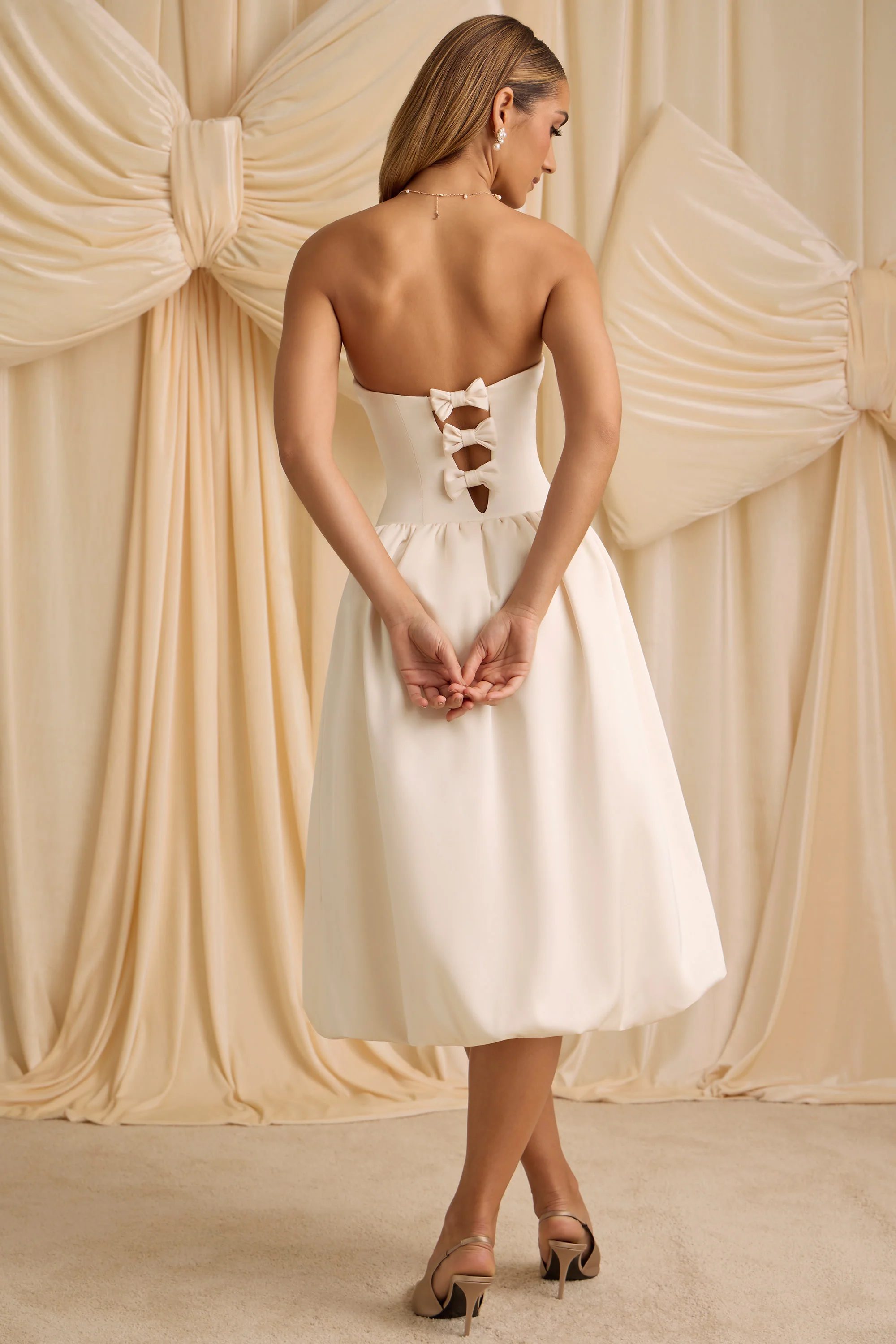 Convertible Bow-Detail Bubble Hem Midaxi Dress in Ivory - TREBLEV
