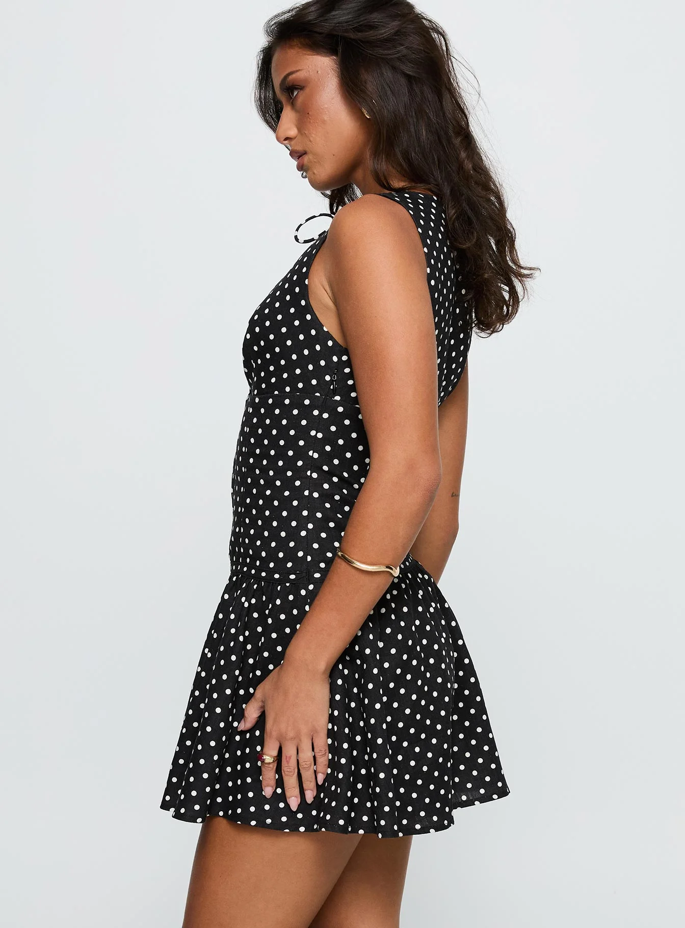 Alissea Keyhole Linen Blend Mini Dress Black Polka - TREBLEV