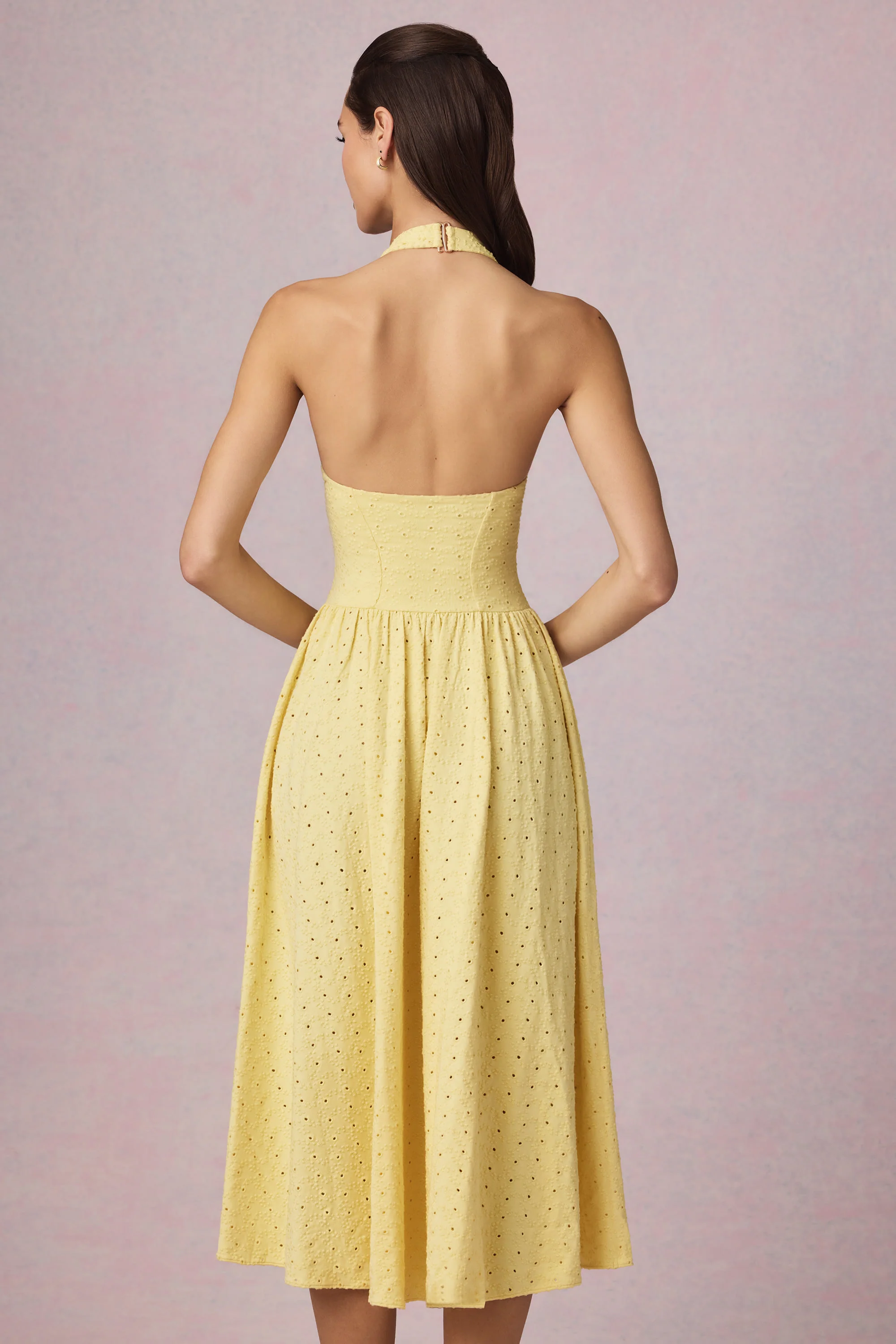Broderie Anglaise Halterneck Midaxi Dress in Lemon Yellow - TREBLEV