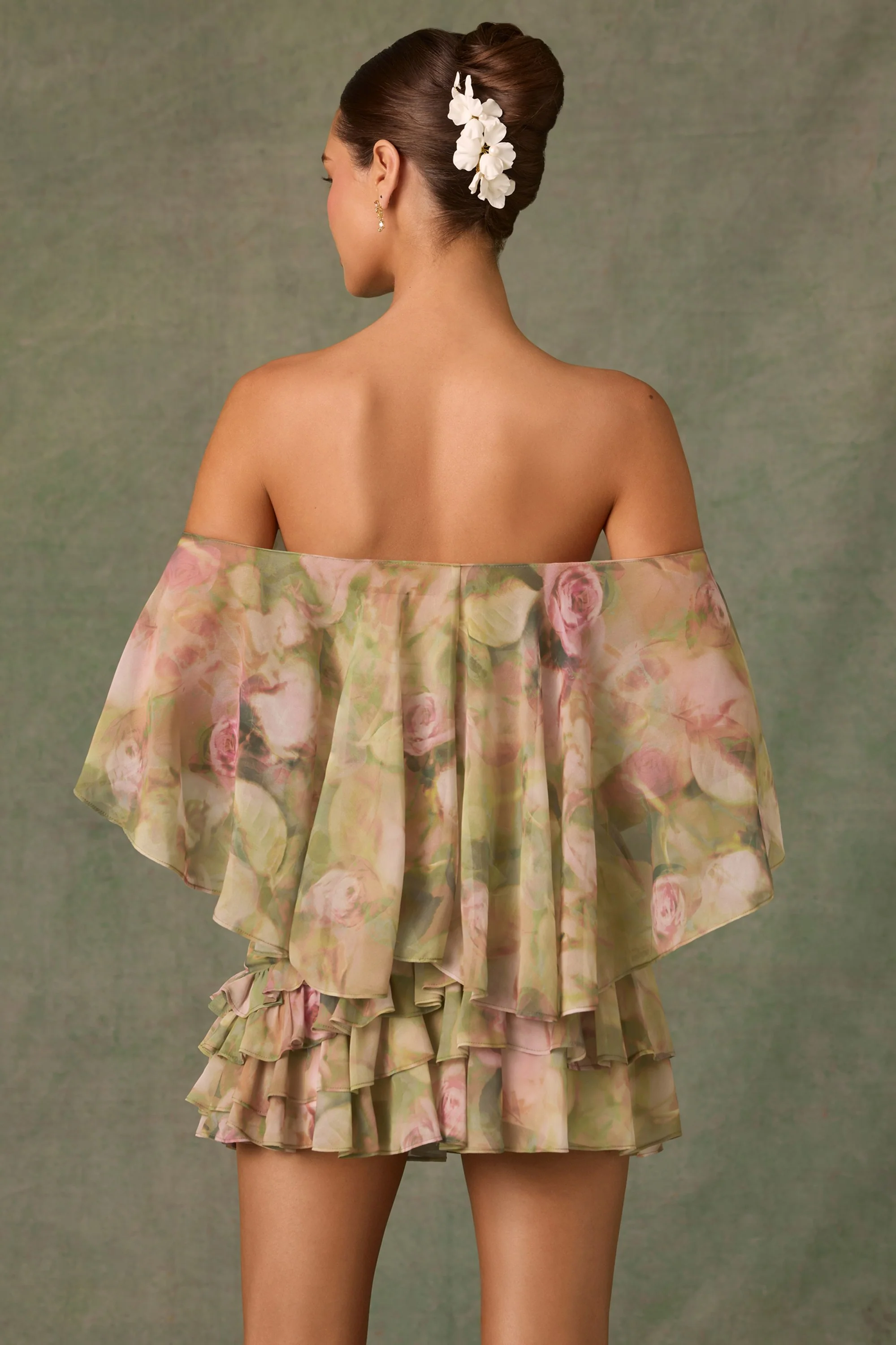 Off-Shoulder Ruffled Mini Dress in Floral Multi Print - TREBLEV