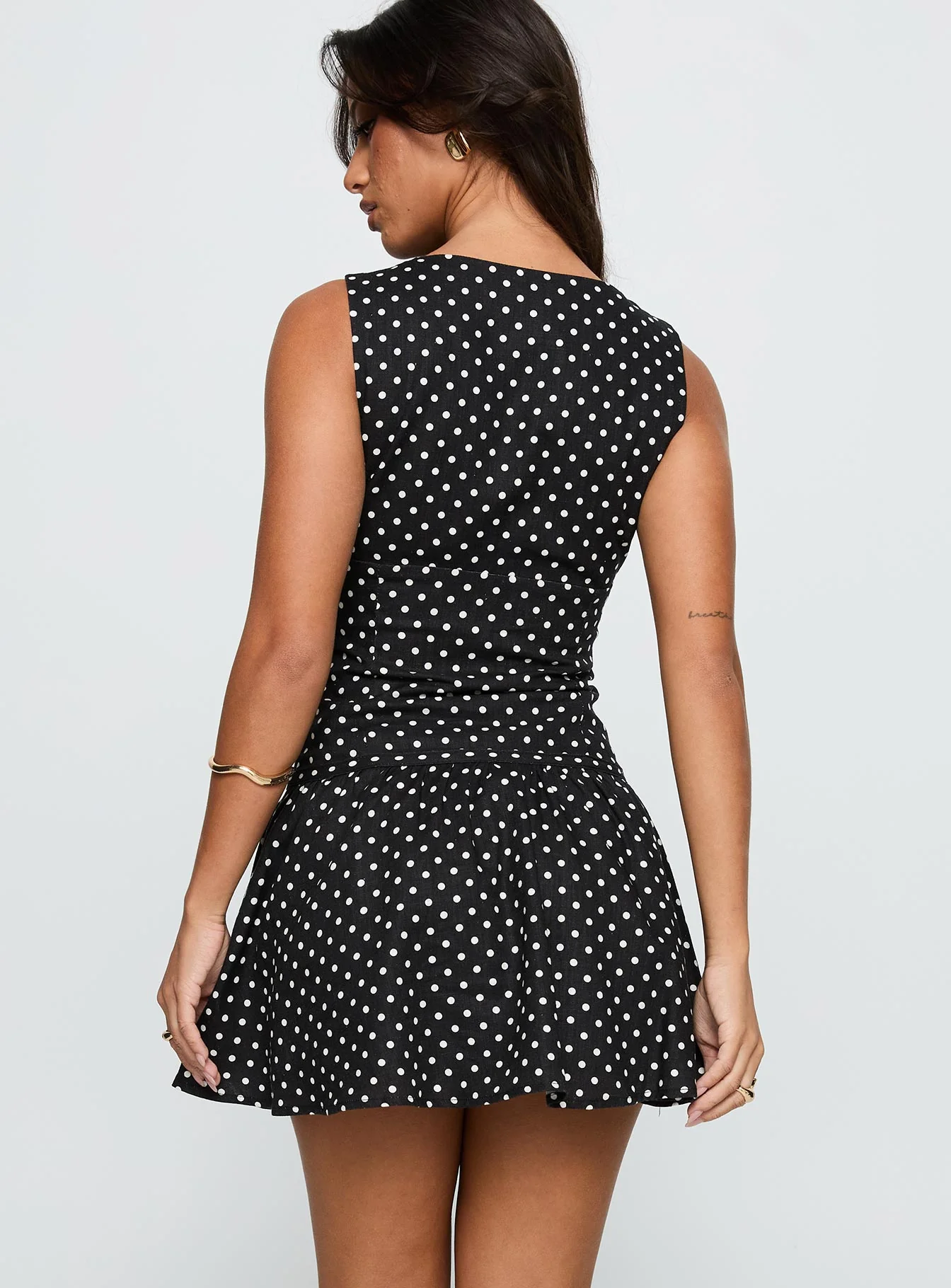 Alissea Keyhole Linen Blend Mini Dress Black Polka - TREBLEV